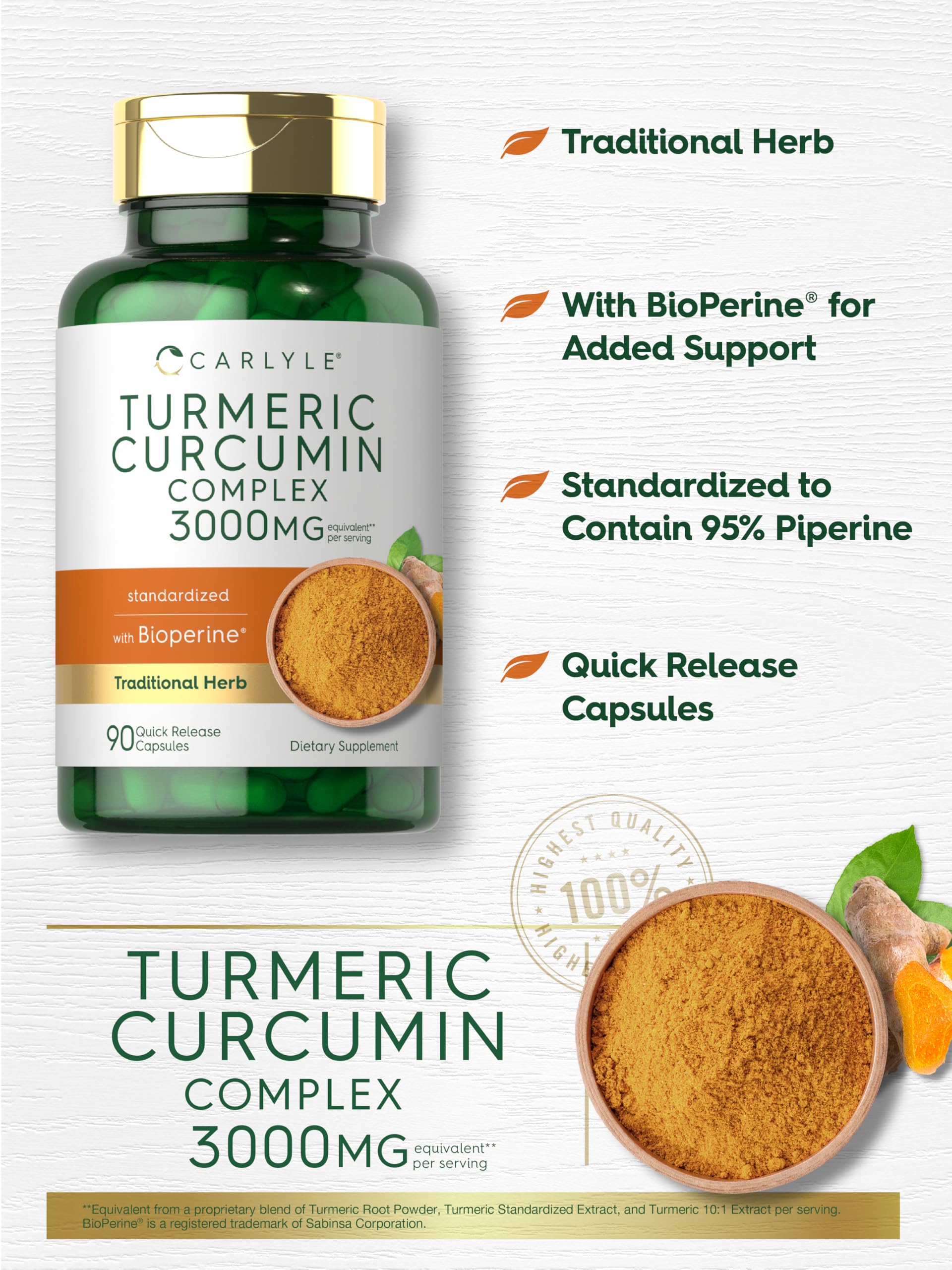 Carlyle Turmeric Curcumin with Black Pepper | 90 Powder Capsules | Complex Supplement with Bioperine | Non-GMO, Gluten Free - Image 4