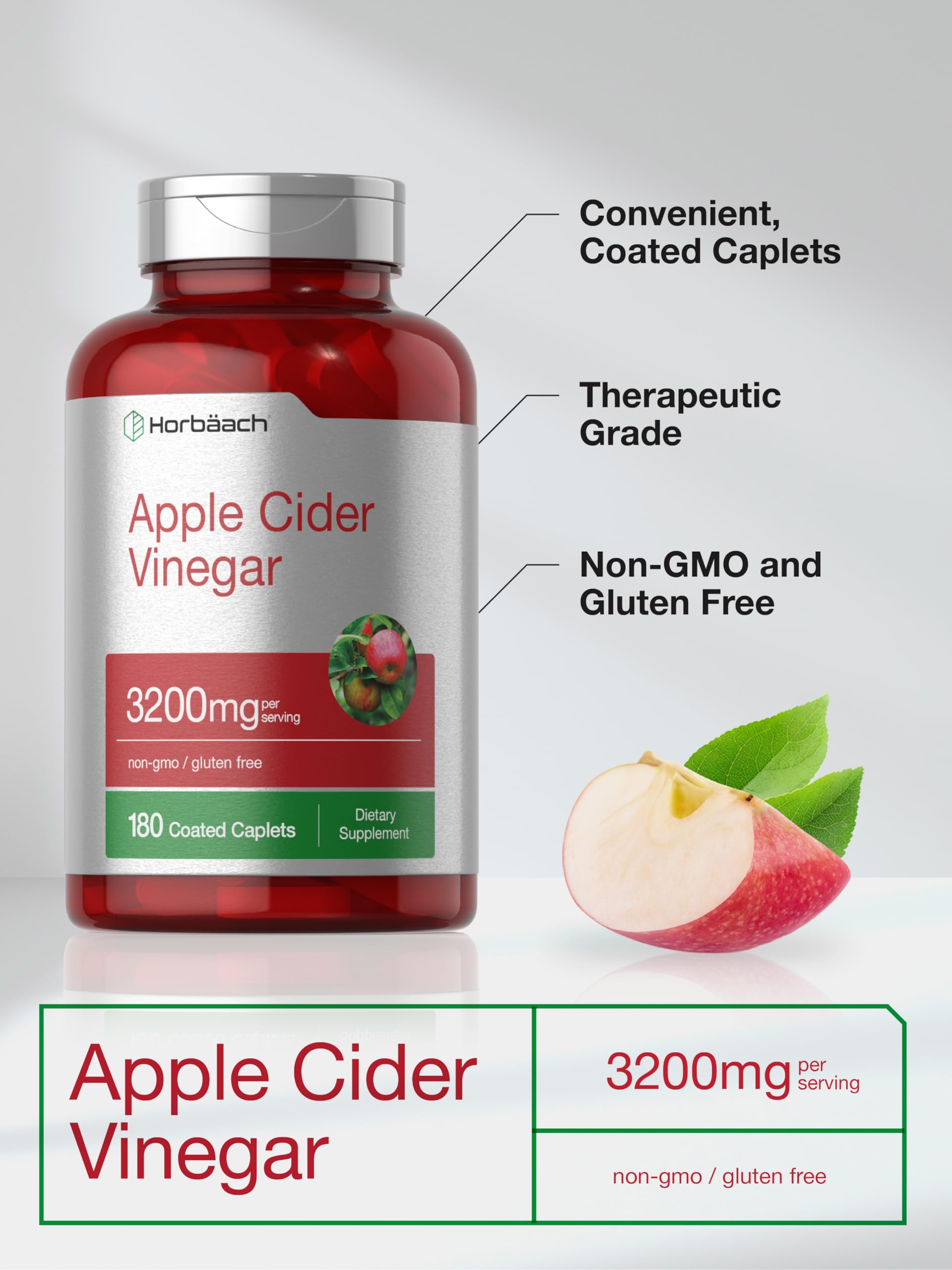 Horbäach Apple Cider Vinegar Caplets 3200mg | 180 Pills | Vegetarian, Non-GMO & Gluten Free Supplement - Image 4