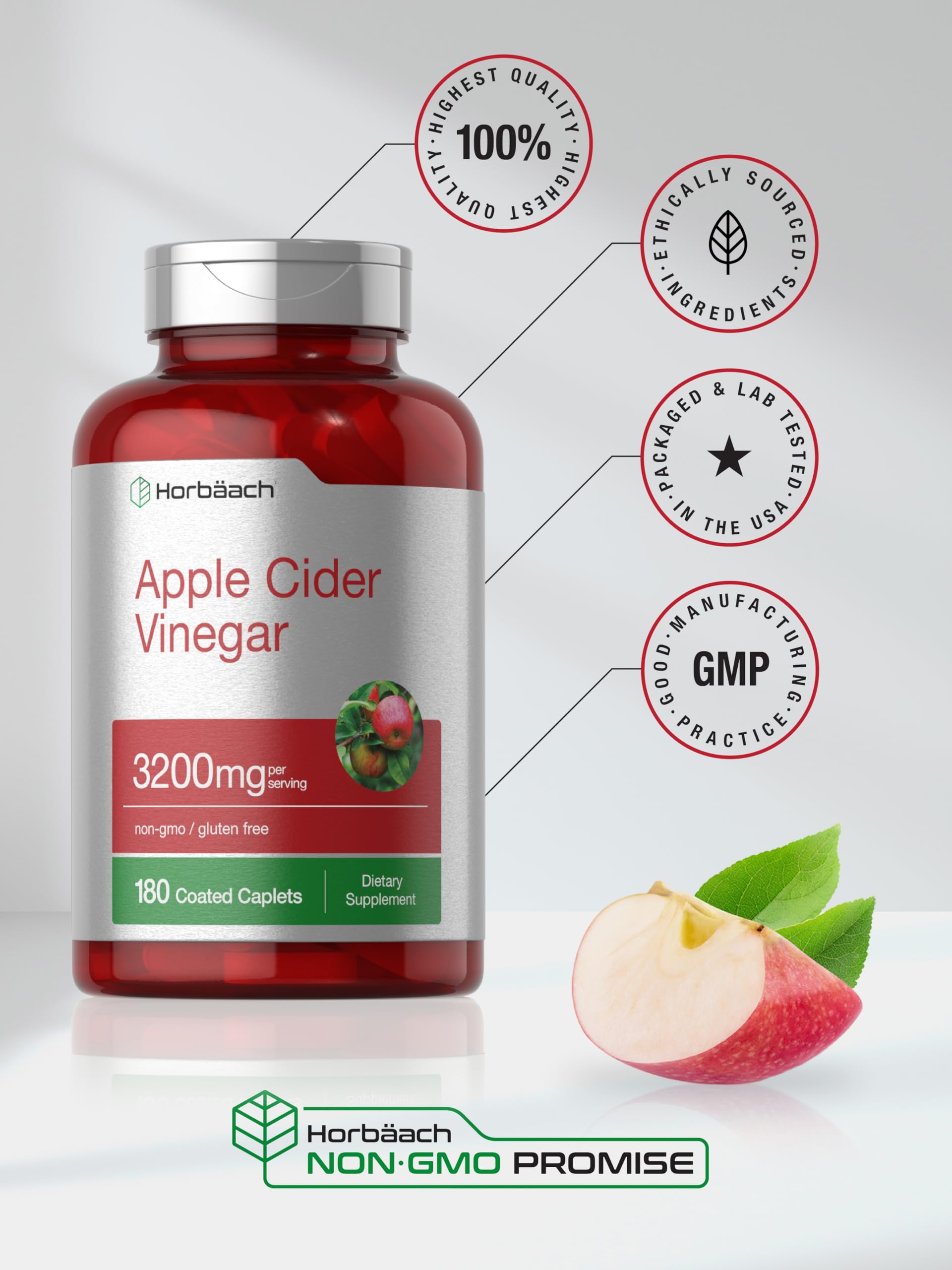 Horbäach Apple Cider Vinegar Caplets 3200mg | 180 Pills | Vegetarian, Non-GMO & Gluten Free Supplement - Image 6