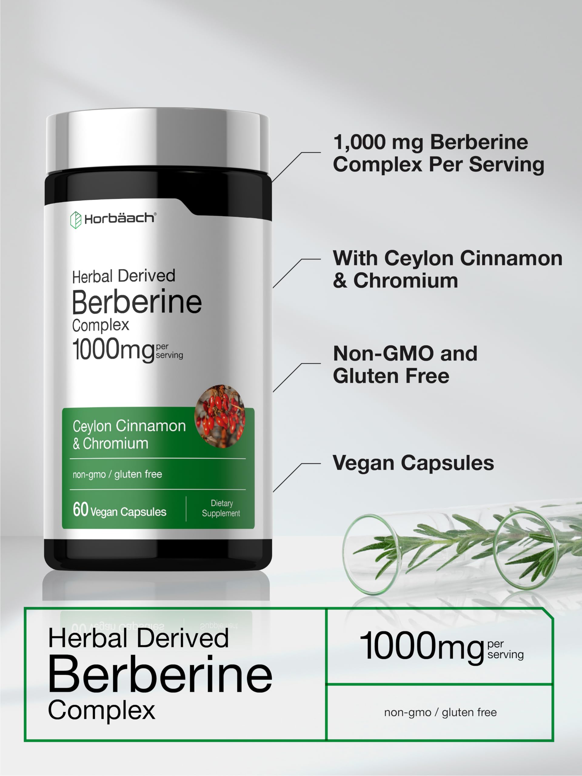 Horbäach Berberine Complex Supplement | 60 Vegan Capsules | with Ceylon Cinnamon & Chromium | Naturally Derived | Non-GMO, Gluten Free Formula - Image 4