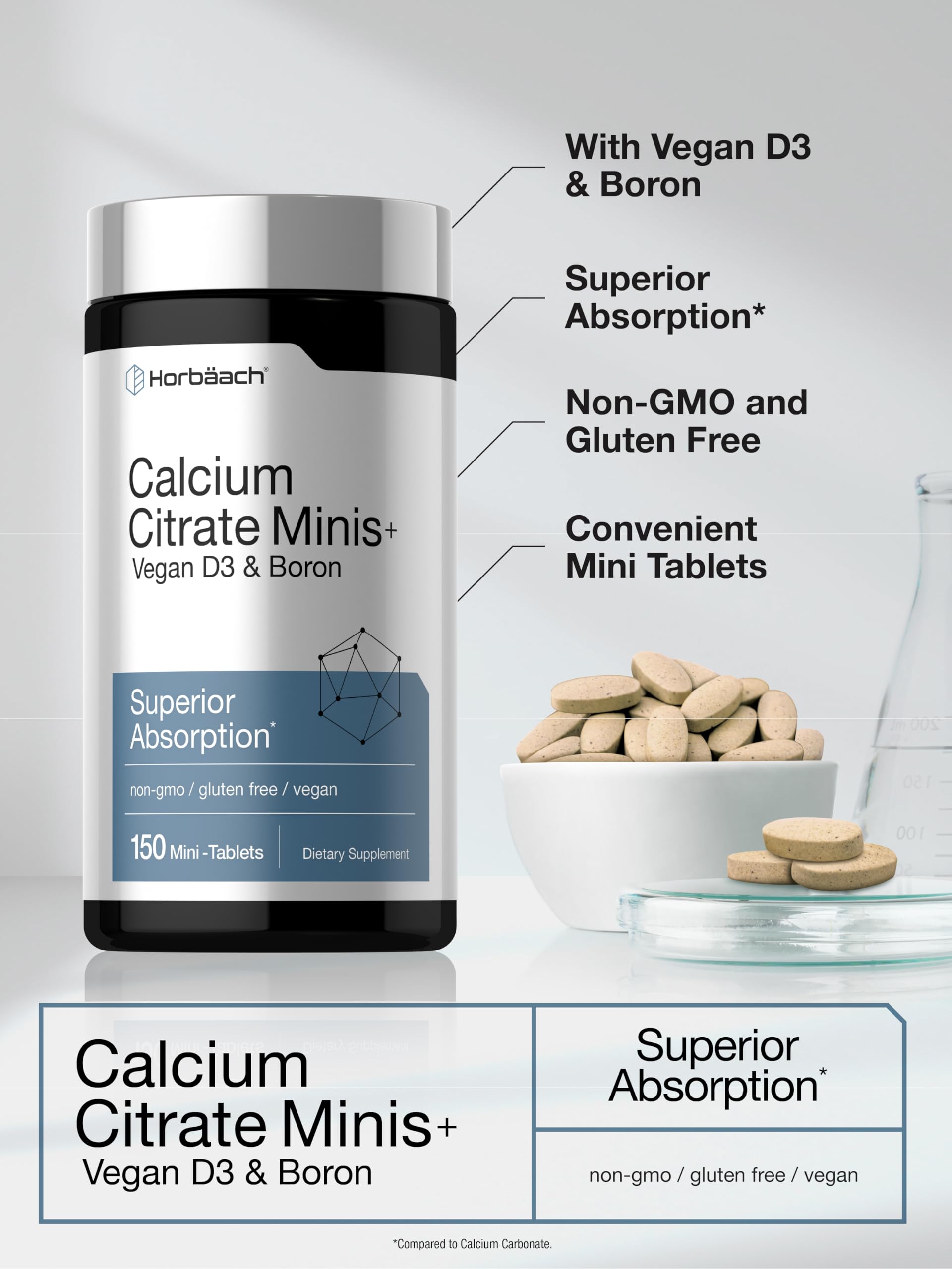 Horbäach Calcium Citrate with Vitamin D3 & Boron | 150 Tablets | Supplement for Men and Women | Vegan, Non-GMO, Gluten Free - Image 4