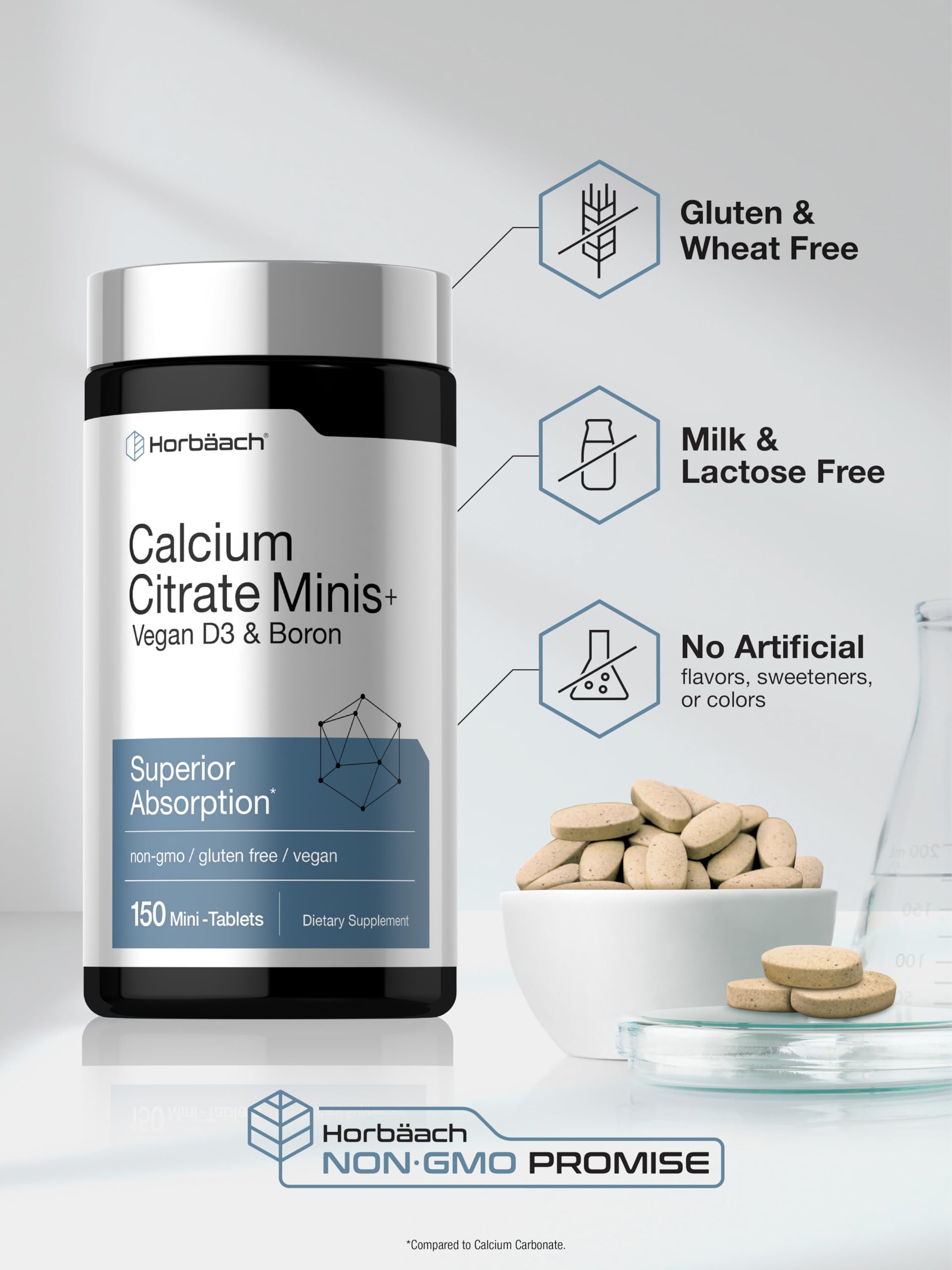 Horbäach Calcium Citrate with Vitamin D3 & Boron | 150 Tablets | Supplement for Men and Women | Vegan, Non-GMO, Gluten Free - Image 5