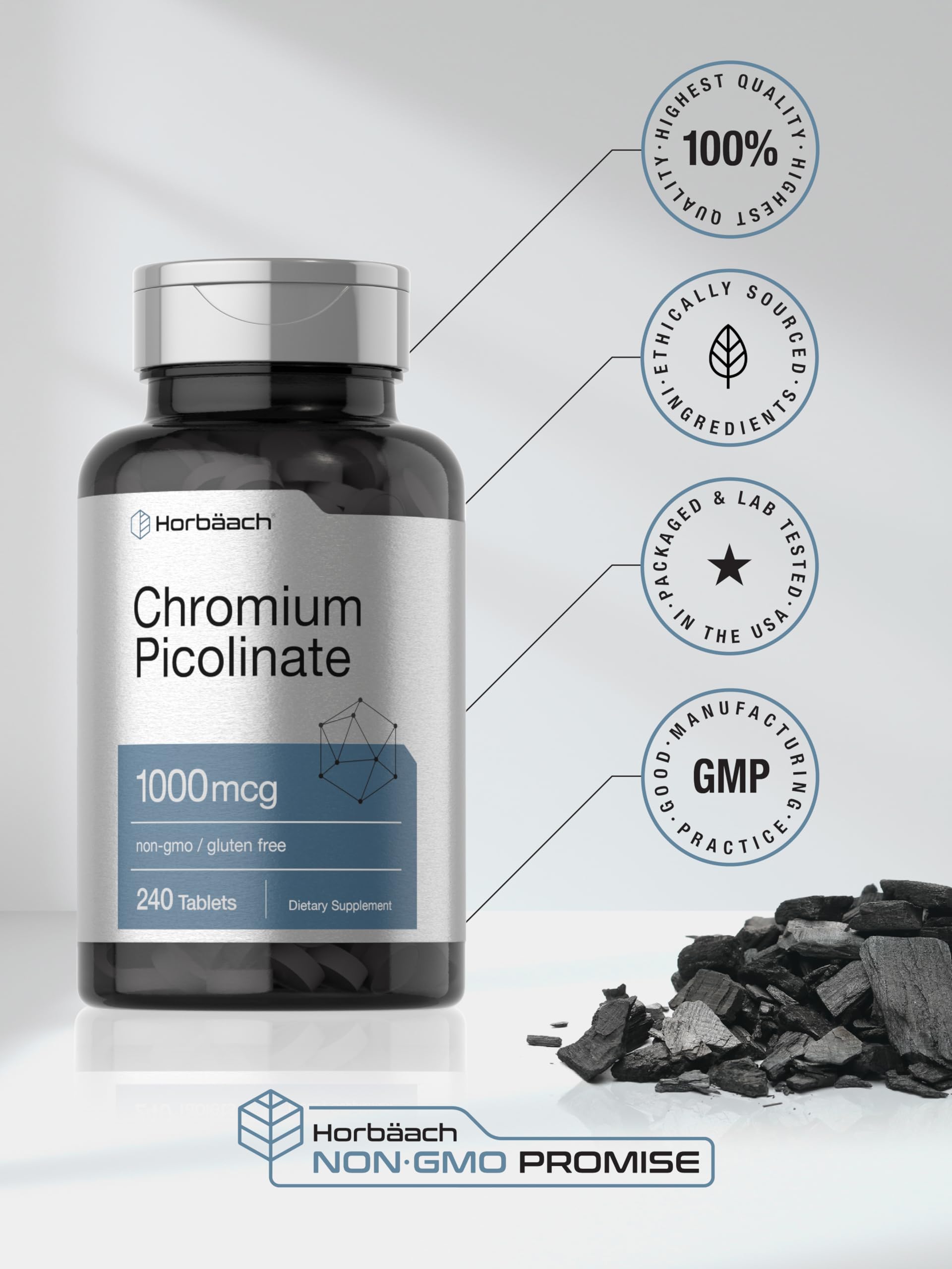 Horbäach Chromium Picolinate 1000mcg | 240 Tablets | Vegetarian, Non-GMO & Gluten Free Supplement - Image 6