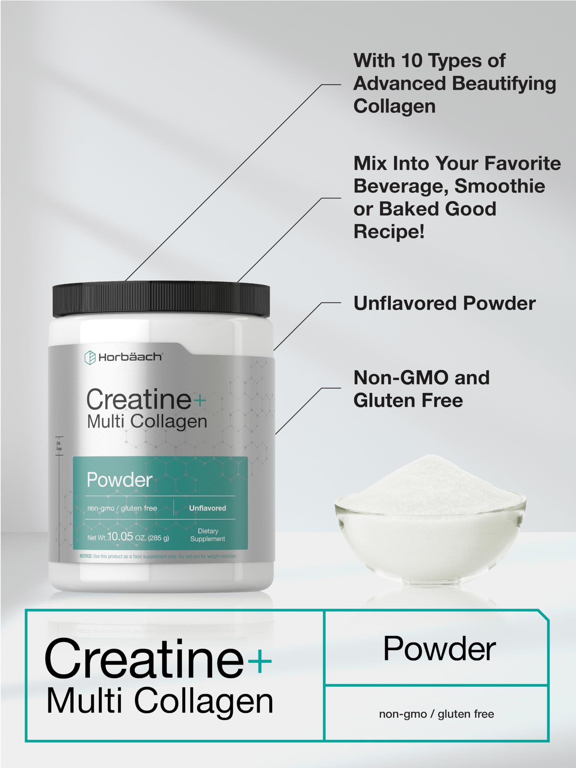 Horbäach Creatine Monohydrate Powder | with Collagen and L-Taurine | 10.05 oz | Unflavored | for Women and Men | Non-GMO, Gluten Free - Image 4