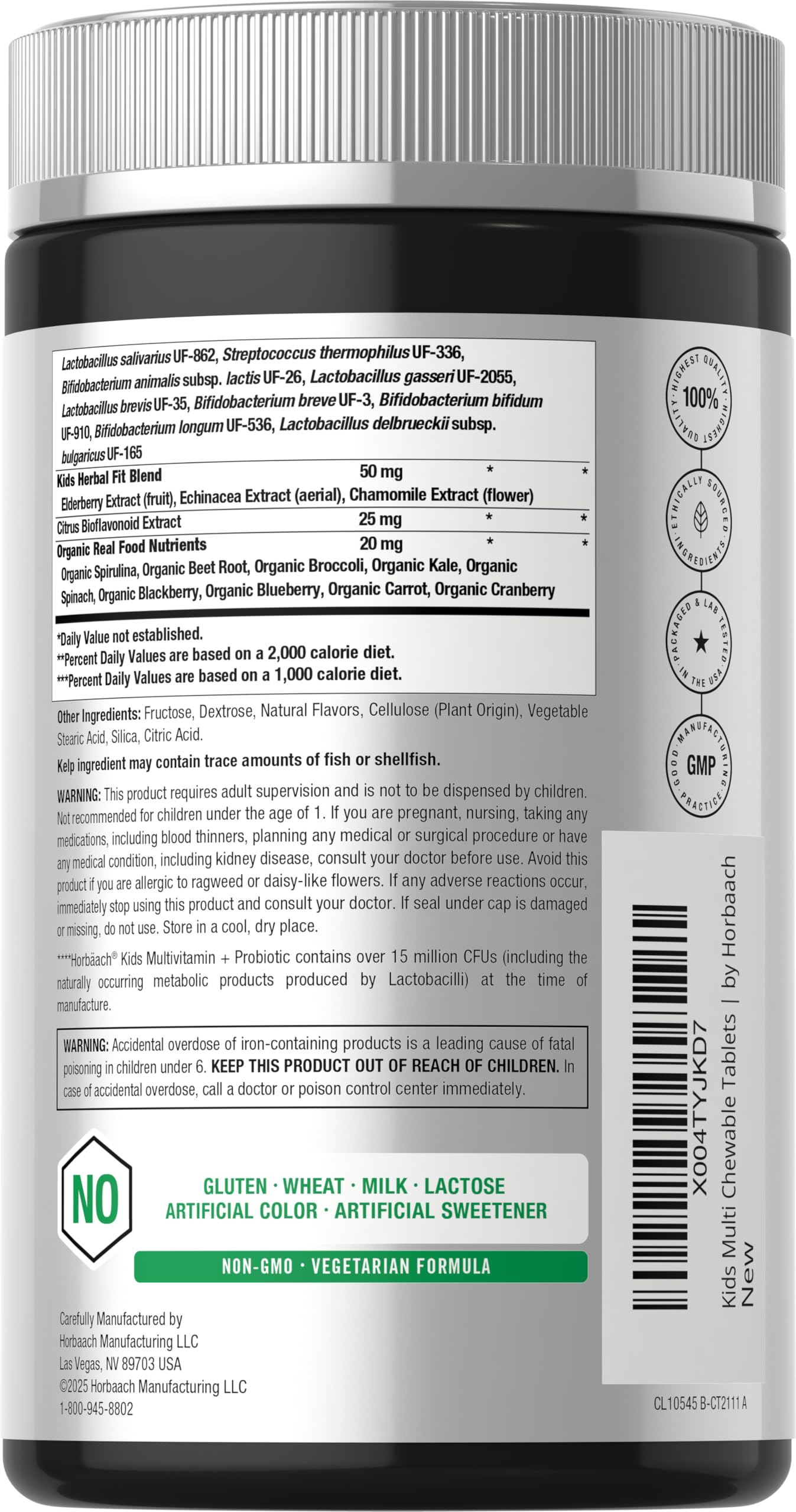 Horbäach Kids Multivitamin with Probiotics | 100 Chewable Tablets | Fruit Punch Flavor | Vegetarian, Non-GMO, Gluten Free Children's Supplement - Image 3