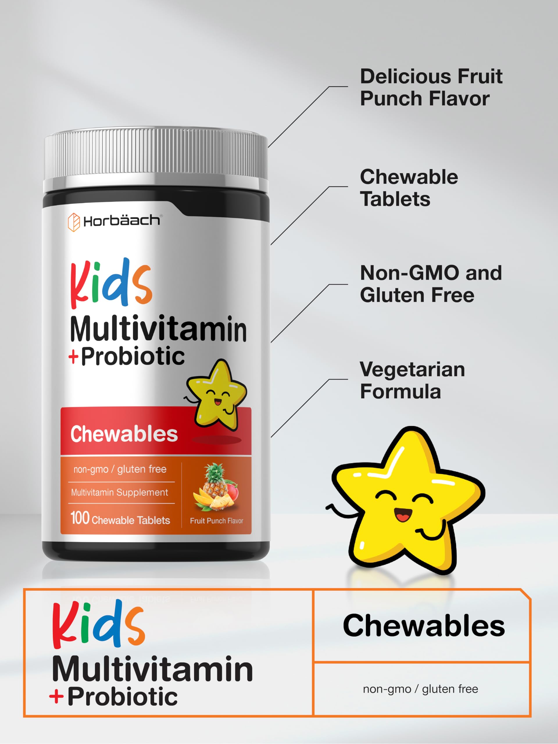 Horbäach Kids Multivitamin with Probiotics | 100 Chewable Tablets | Fruit Punch Flavor | Vegetarian, Non-GMO, Gluten Free Children's Supplement - Image 4