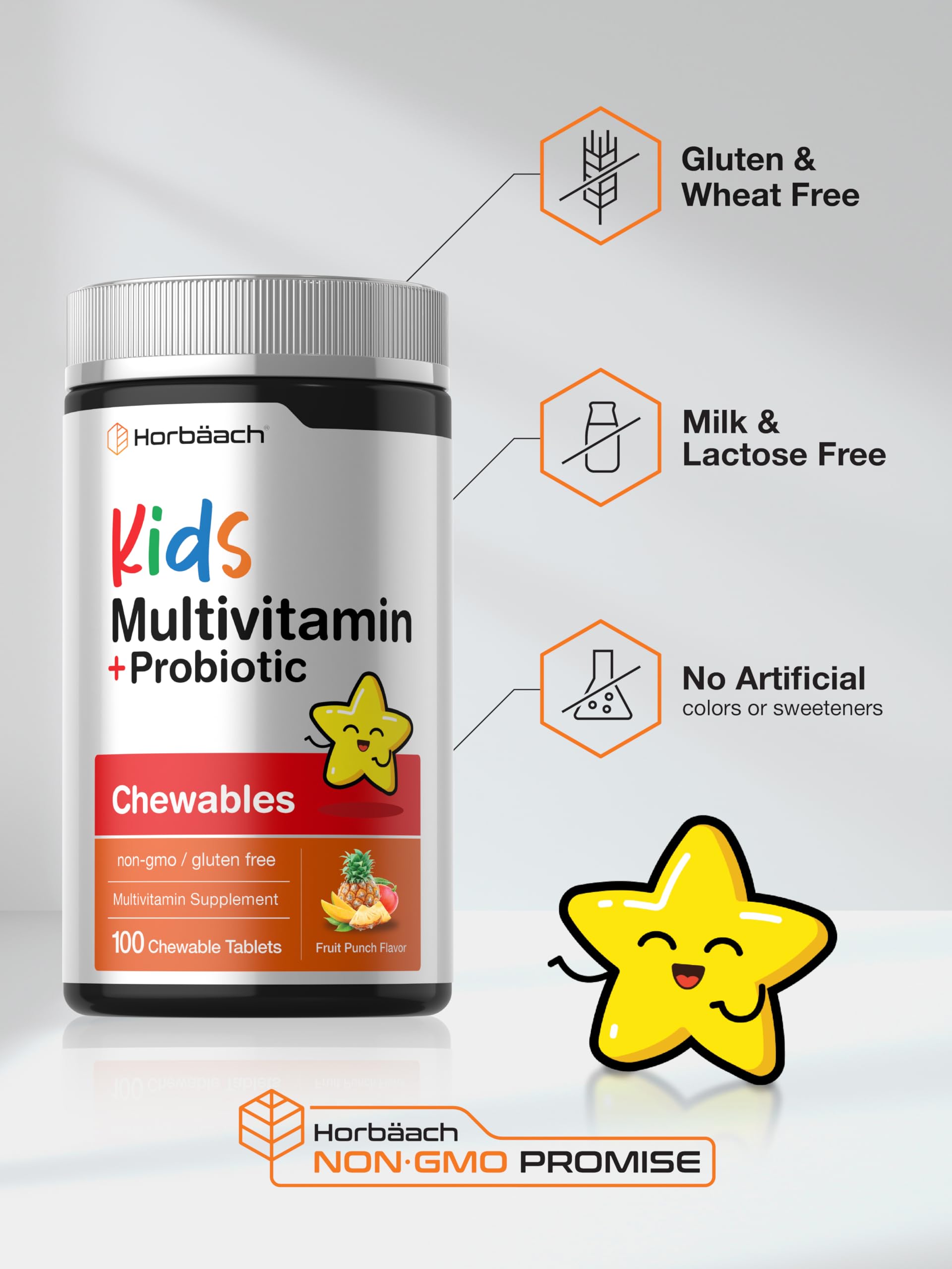 Horbäach Kids Multivitamin with Probiotics | 100 Chewable Tablets | Fruit Punch Flavor | Vegetarian, Non-GMO, Gluten Free Children's Supplement - Image 5