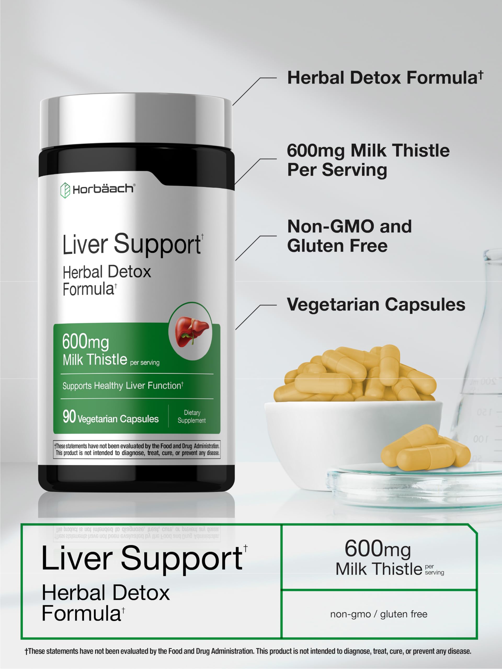 Horbäach Liver Support | 600 mg Milk Thistle | 90 Vegetarian Capsules | Herbal Detox Formula | Non-GMO, Gluten Free - Image 4