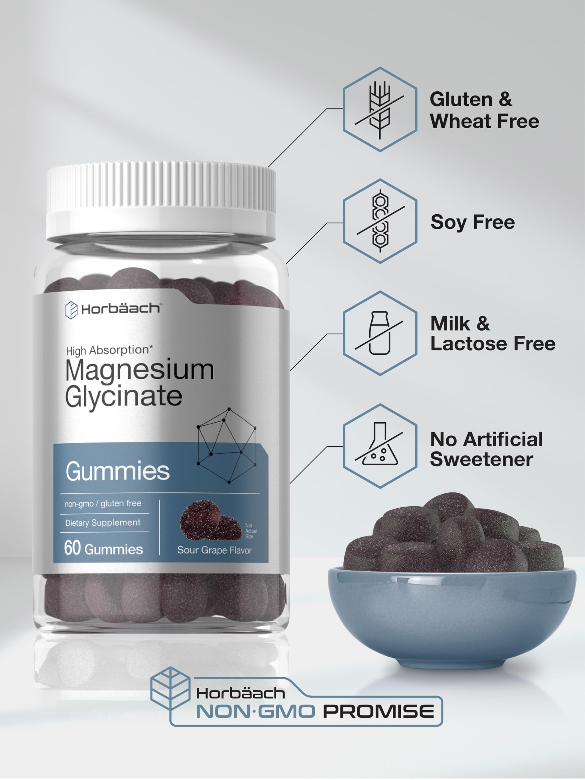 Horbäach Magnesium Glycinate Gummies | 60 Count | Sour Grape Flavor | High Absorption | Vegan, Non-GMO, Gluten Free - Image 5