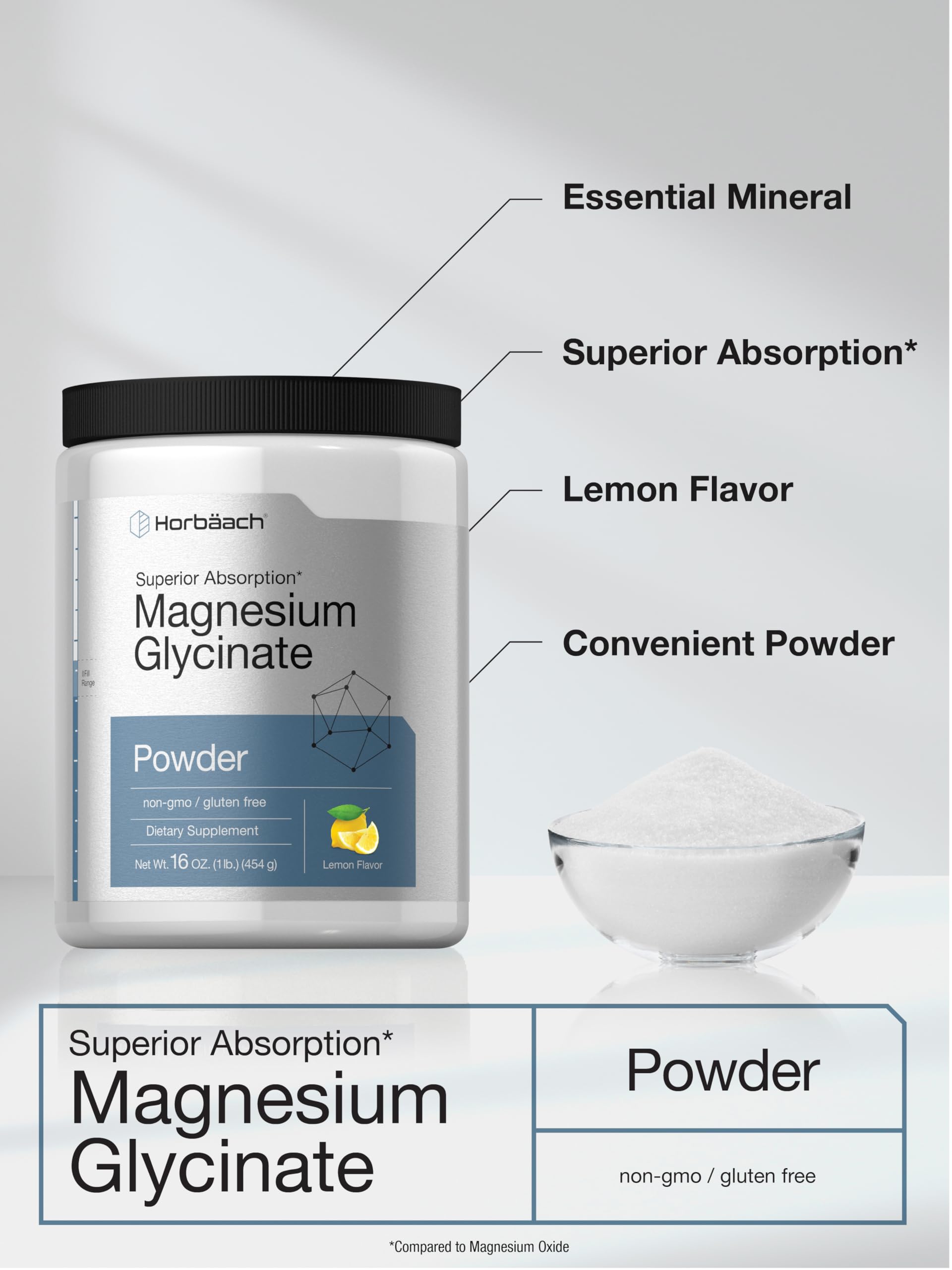 Horbäach Magnesium Glycinate Powder | 1 lb | Lemon Flavored | Superior Absorption | Non-GMO & Gluten Free - Image 4