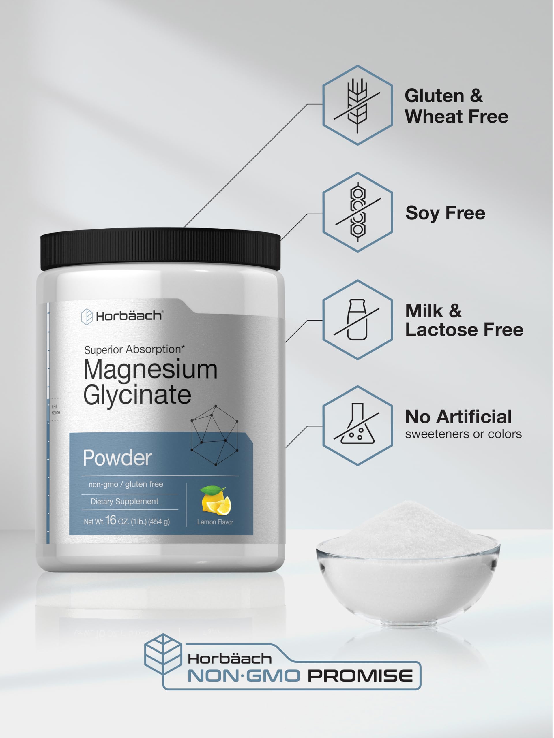 Horbäach Magnesium Glycinate Powder | 1 lb | Lemon Flavored | Superior Absorption | Non-GMO & Gluten Free - Image 5