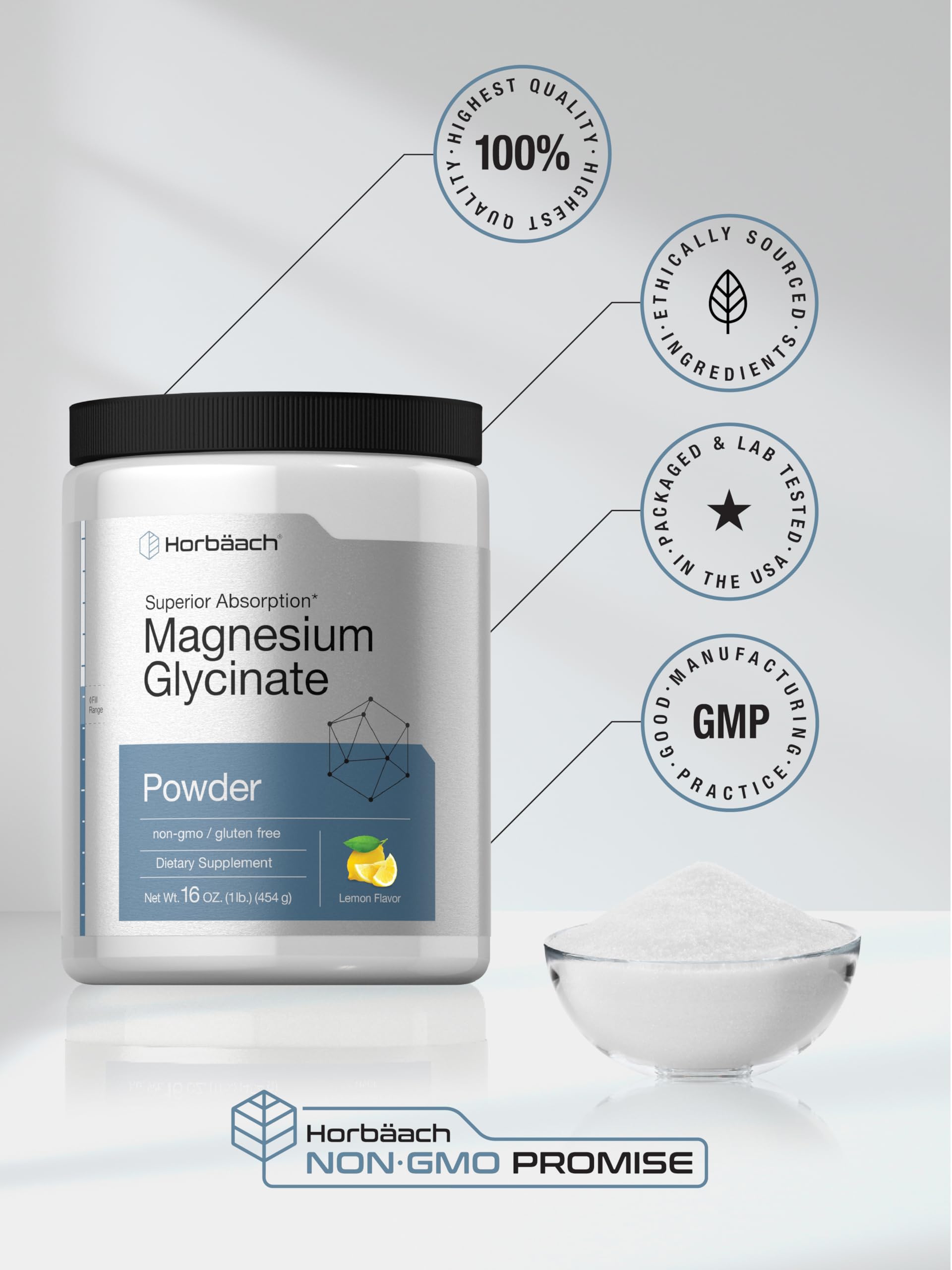 Horbäach Magnesium Glycinate Powder | 1 lb | Lemon Flavored | Superior Absorption | Non-GMO & Gluten Free - Image 6