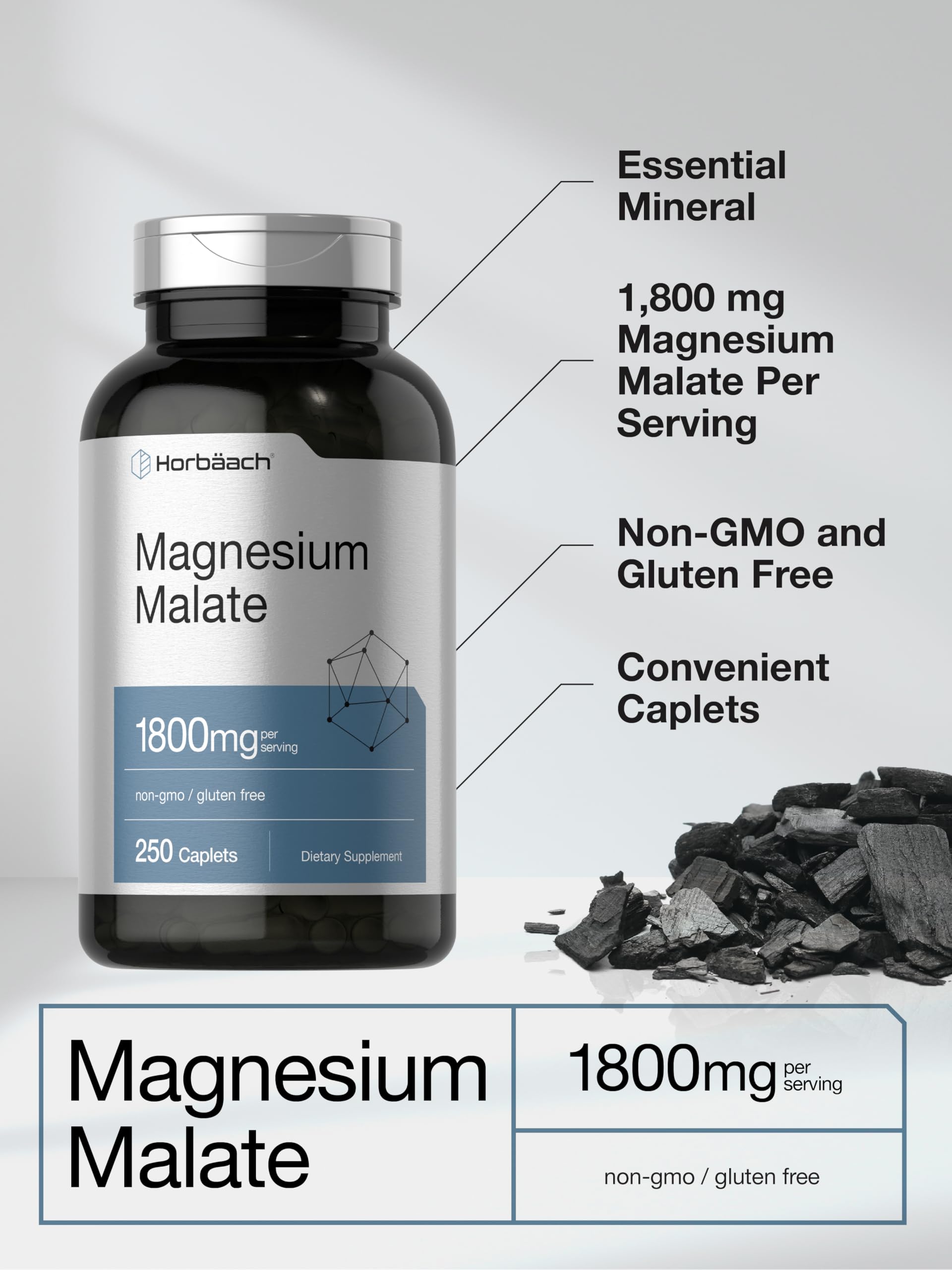 Horbäach Magnesium Malate | 1800mg | 250 Caplets | Vegetarian, Non-GMO, Gluten Free Supplement - Image 4