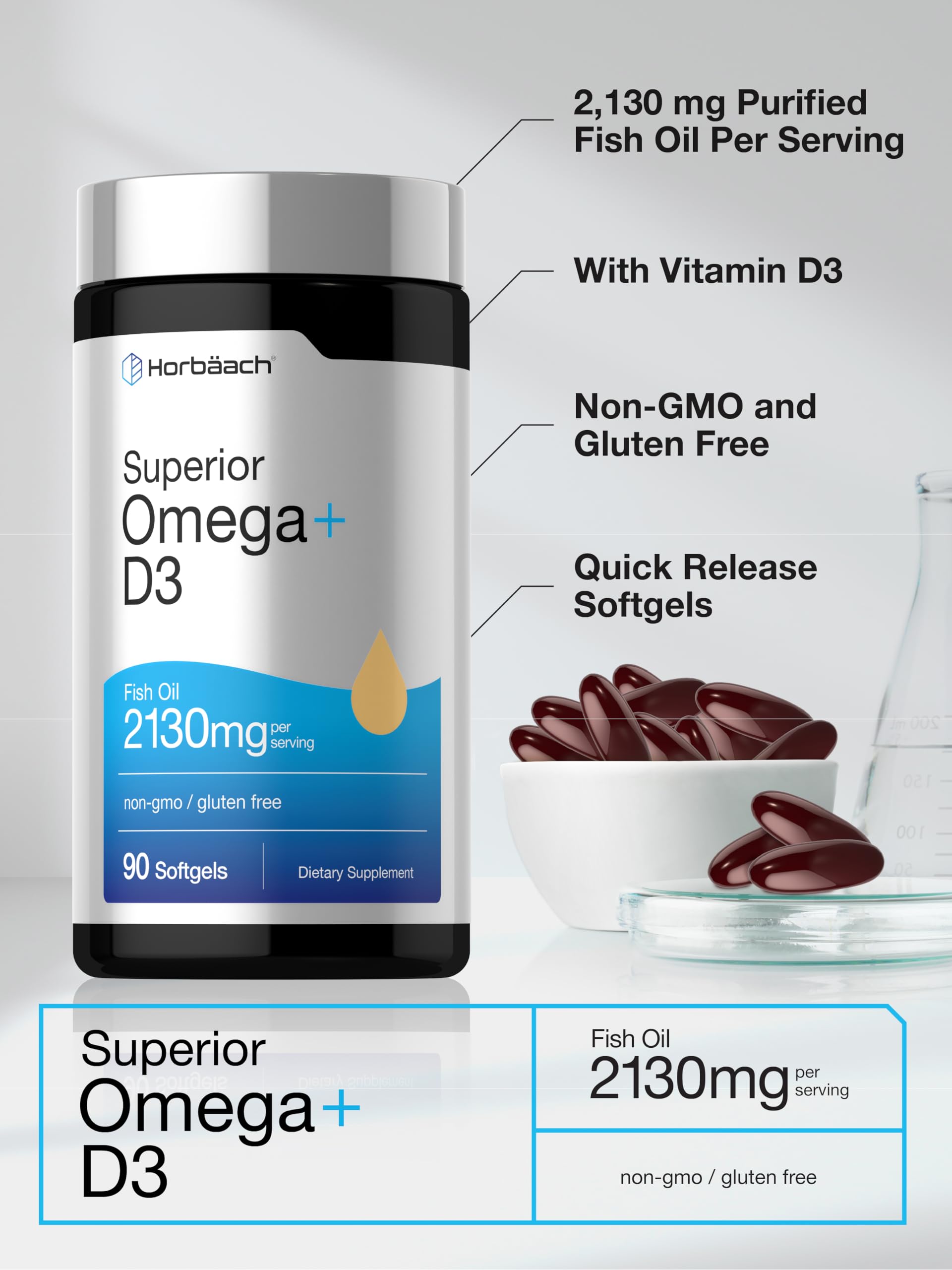 Horbäach Omega + D3 | 90 Softgels | Purified Fish Oil | 2130mg | Non-GMO and Gluten Free Supplement - Image 4