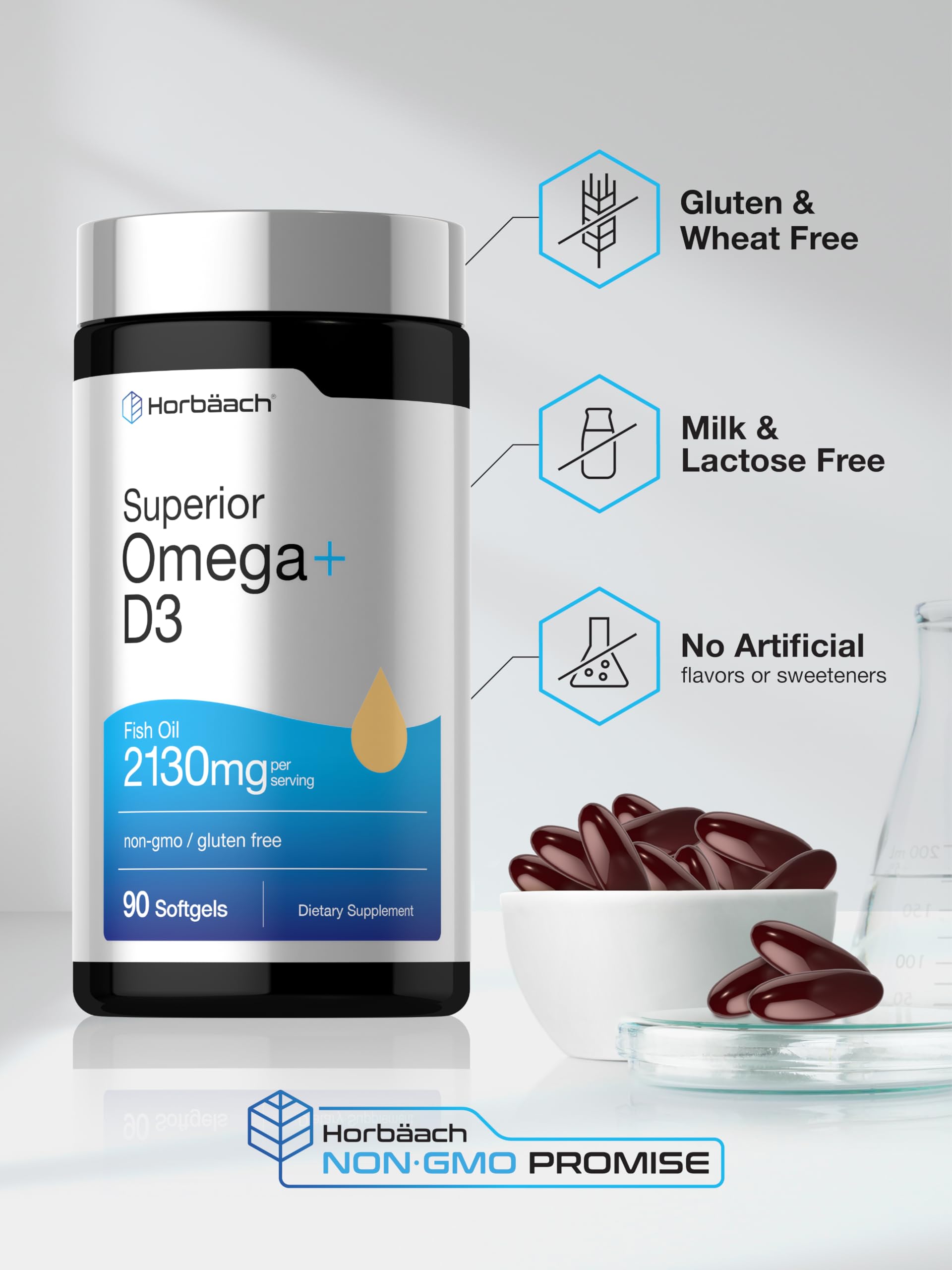 Horbäach Omega + D3 | 90 Softgels | Purified Fish Oil | 2130mg | Non-GMO and Gluten Free Supplement - Image 5