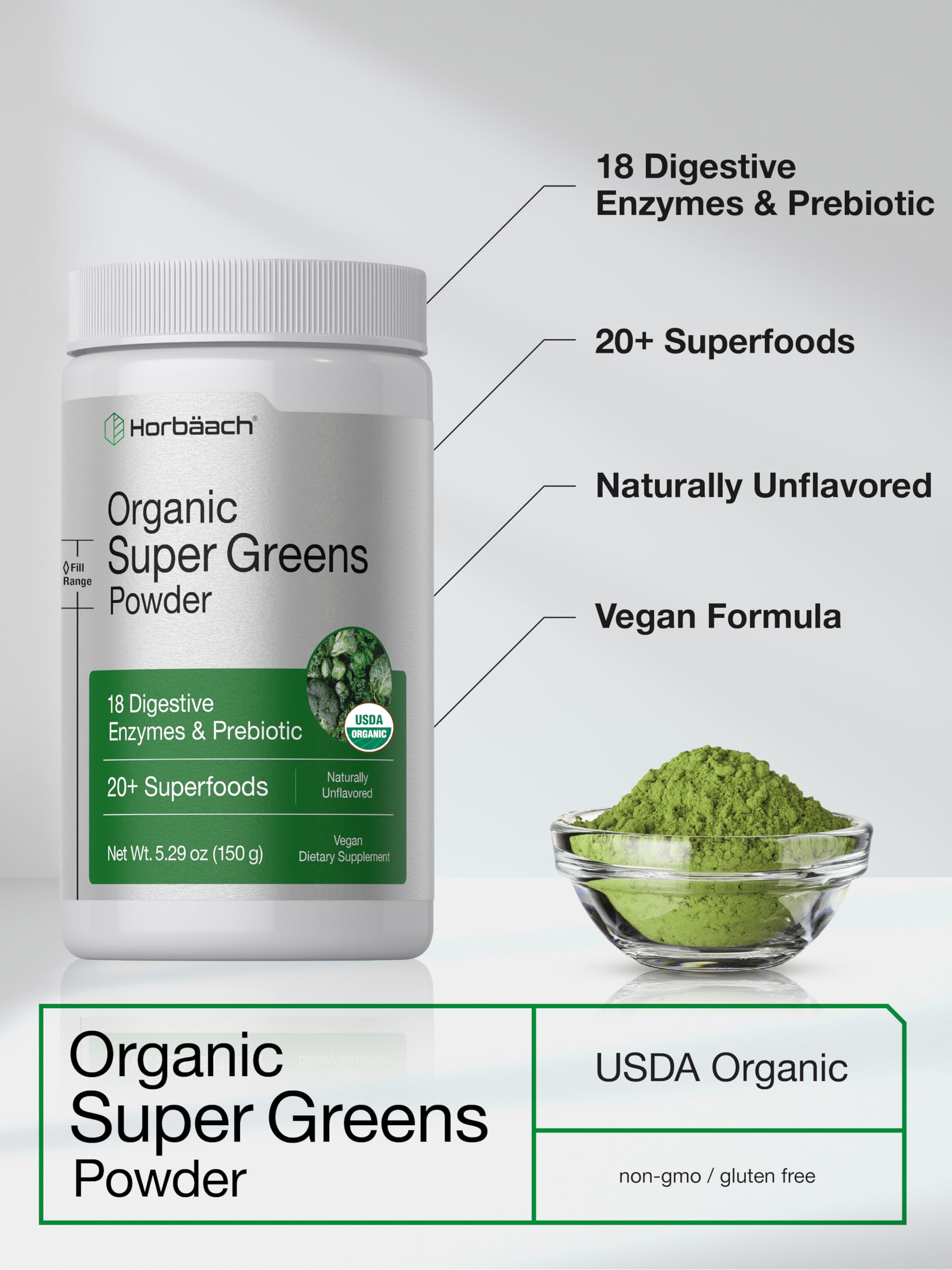 Horbäach Organic Greens Powder | 5.29 oz Supplement | with 20+ Superfoods, 18 Digestive Enzymes, and Prebiotics | Relieves Occasional Gas, Discomfort & Bloating | Vegan, and Non-GMO - Image 4