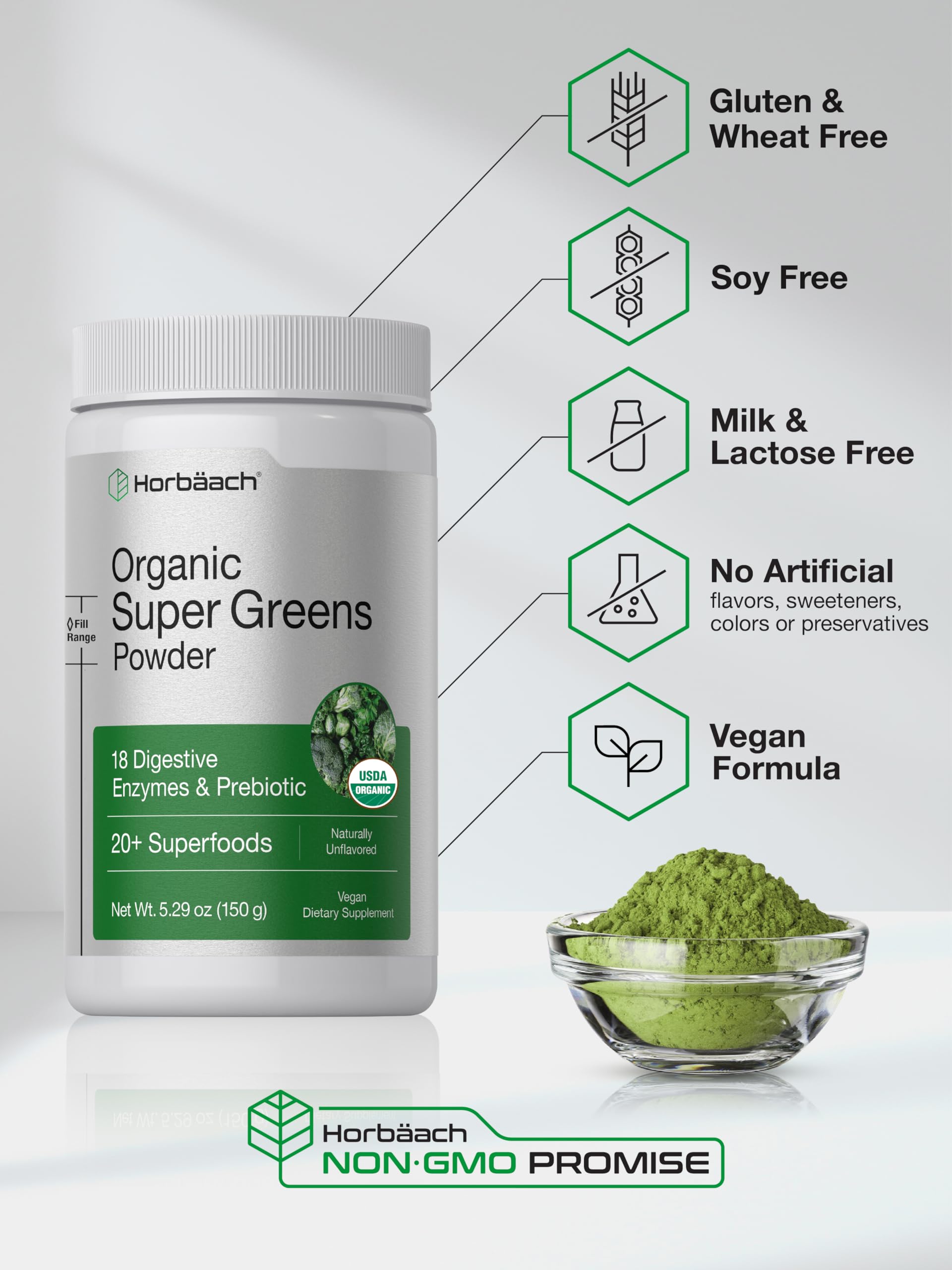Horbäach Organic Greens Powder | 5.29 oz Supplement | with 20+ Superfoods, 18 Digestive Enzymes, and Prebiotics | Relieves Occasional Gas, Discomfort & Bloating | Vegan, and Non-GMO - Image 5