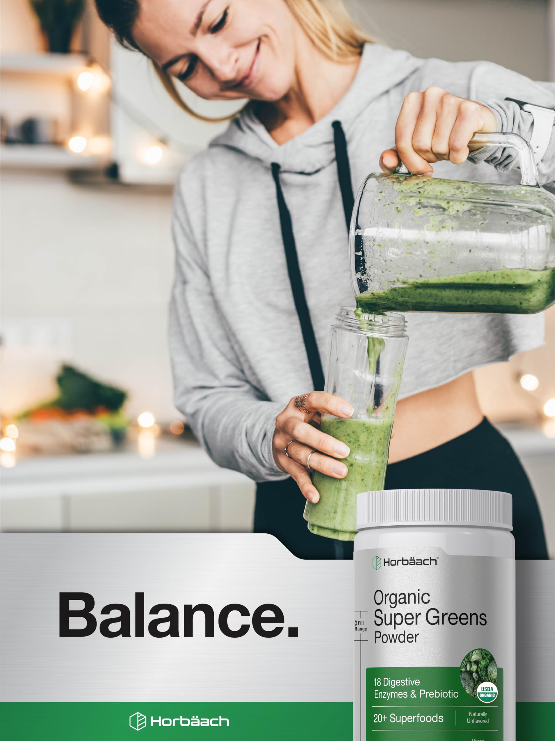 Horbäach Organic Greens Powder | 5.29 oz Supplement | with 20+ Superfoods, 18 Digestive Enzymes, and Prebiotics | Relieves Occasional Gas, Discomfort & Bloating | Vegan, and Non-GMO - Image 6