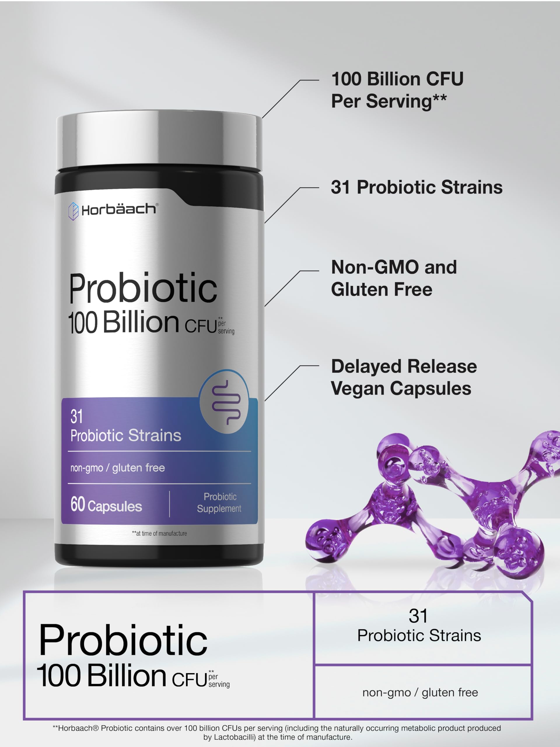 Horbäach Probiotic 100 Billion CFU | 60 Capsules | 31 Probiotic Strains | with Prebiotic Fiber | Vegan, Non GMO, Gluten Free Supplement - Image 4