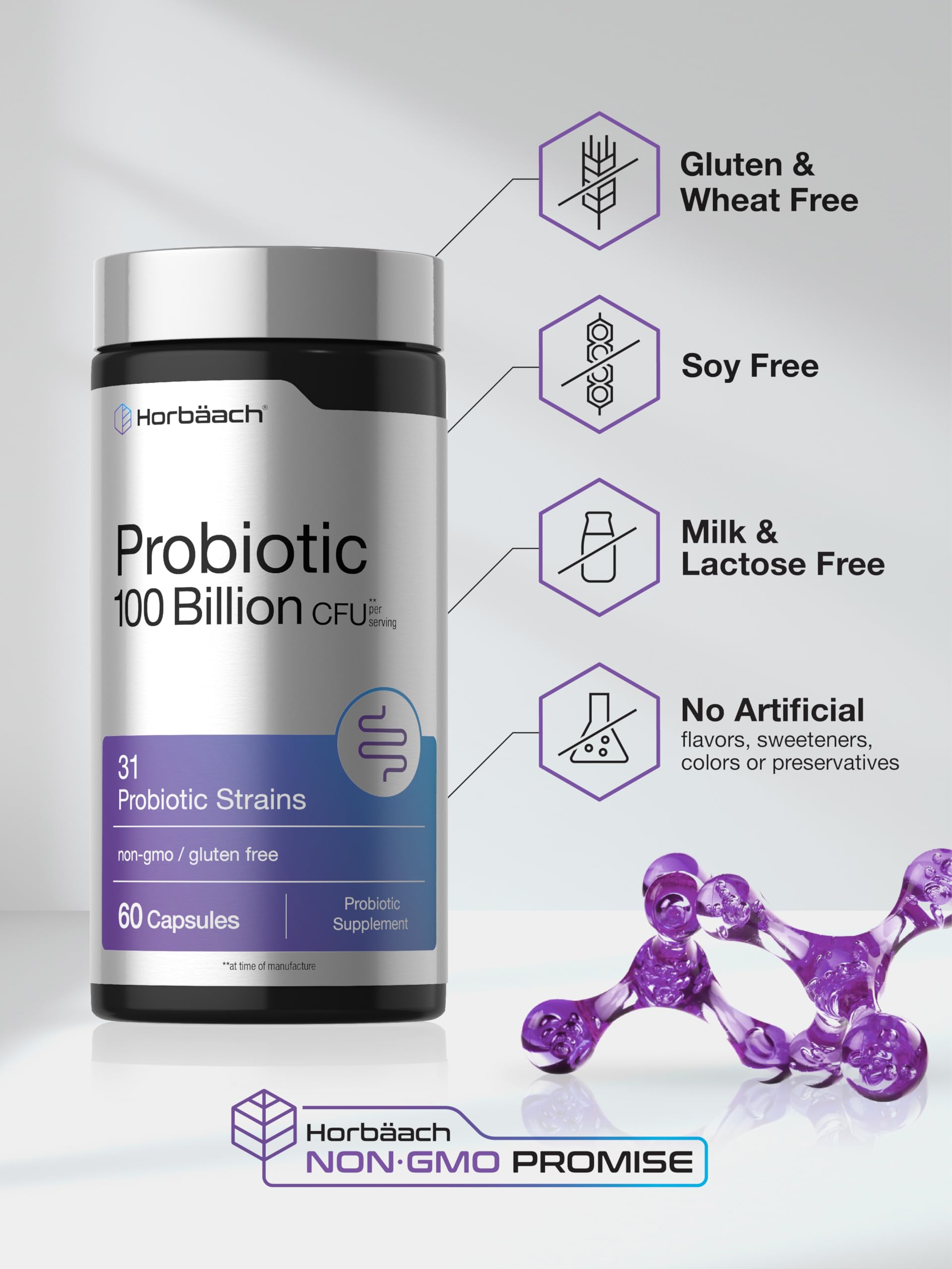 Horbäach Probiotic 100 Billion CFU | 60 Capsules | 31 Probiotic Strains | with Prebiotic Fiber | Vegan, Non GMO, Gluten Free Supplement - Image 5