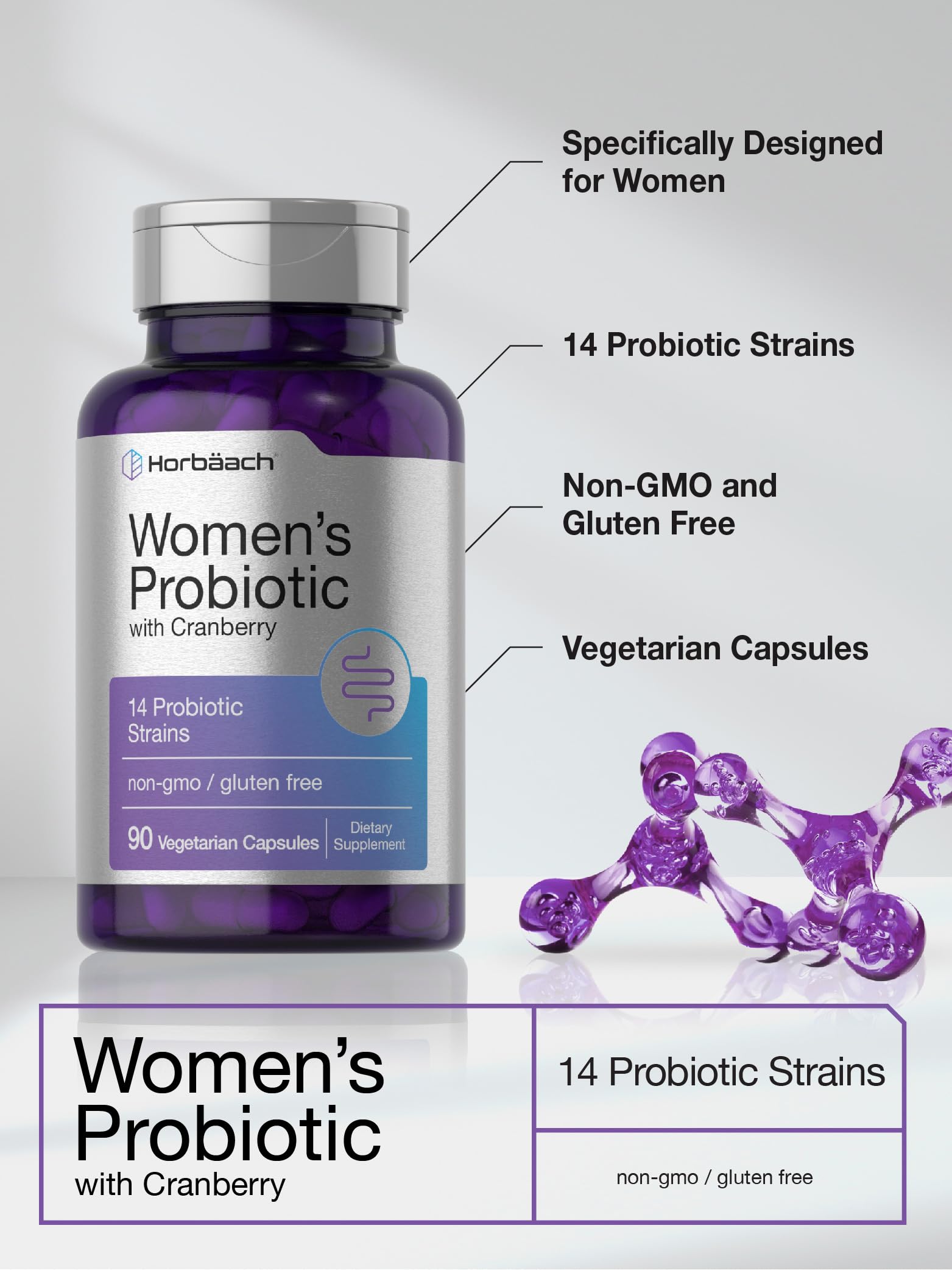 Horbäach Probiotic for Women with Cranberry | 90 Vegetarian Capsules | Dietary Supplement with 14 Probiotic Strains | Non-GMO, Gluten Free Supplement - Image 4