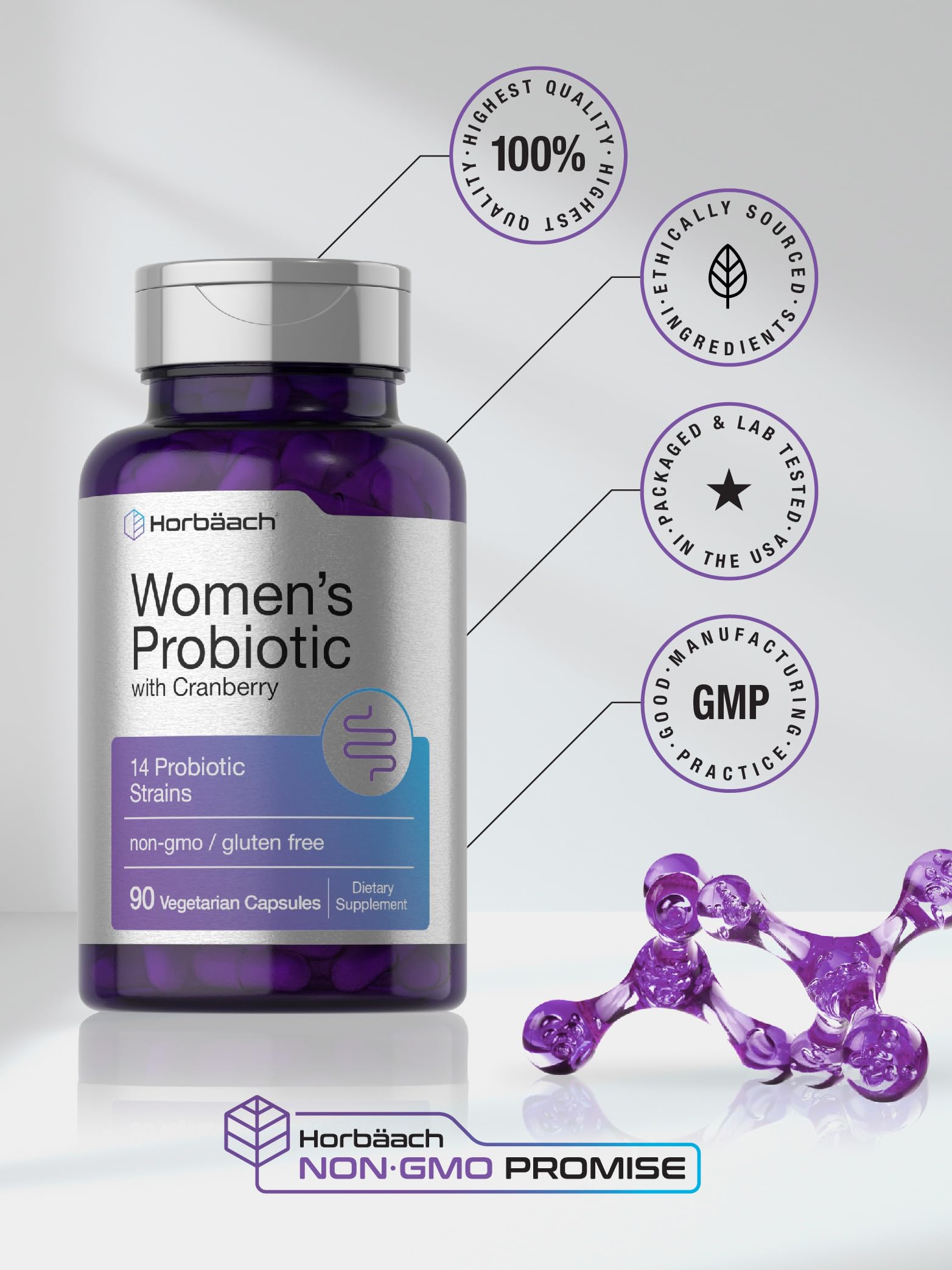 Horbäach Probiotic for Women with Cranberry | 90 Vegetarian Capsules | Dietary Supplement with 14 Probiotic Strains | Non-GMO, Gluten Free Supplement - Image 6