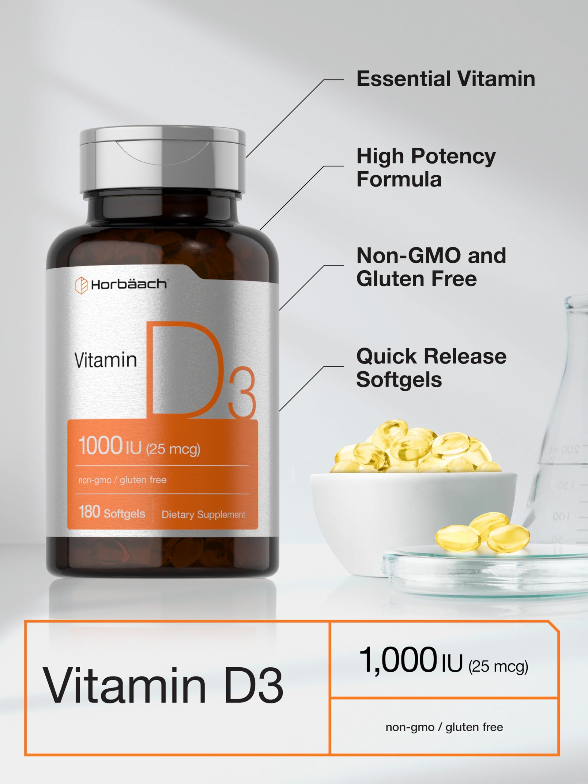 Horbäach Vitamin D3 1000IU (25mcg) Softgels | 180 Count | High Potency Formula | Non-GMO & Gluten Free Supplement - Image 4
