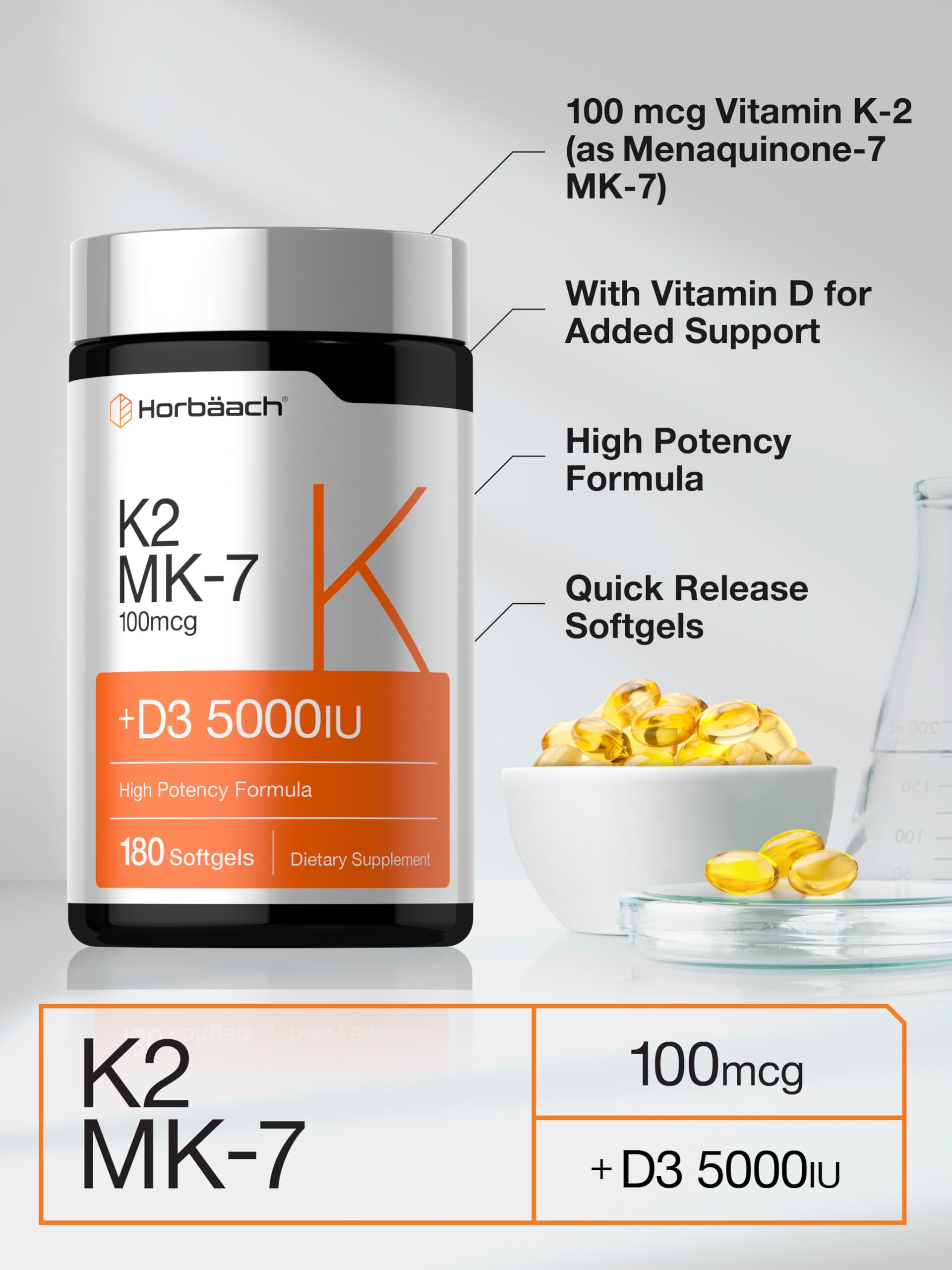Horbäach Vitamin D3 K2 5000 iu | 100mcg MK-7 Complex | 180 Softgel Capsules | Non-GMO & Gluten Free Supplement - Image 4