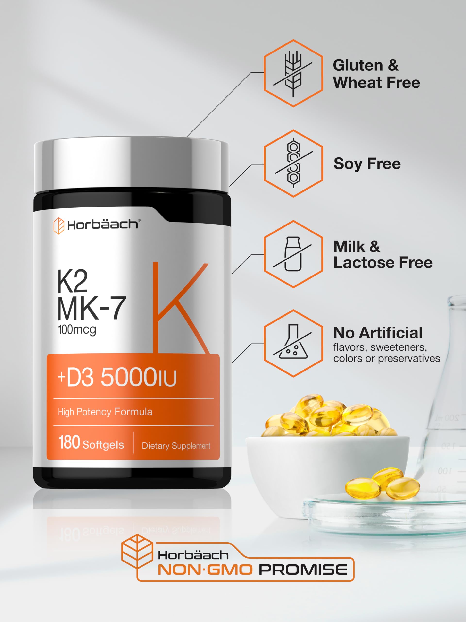 Horbäach Vitamin D3 K2 5000 iu | 100mcg MK-7 Complex | 180 Softgel Capsules | Non-GMO & Gluten Free Supplement - Image 5