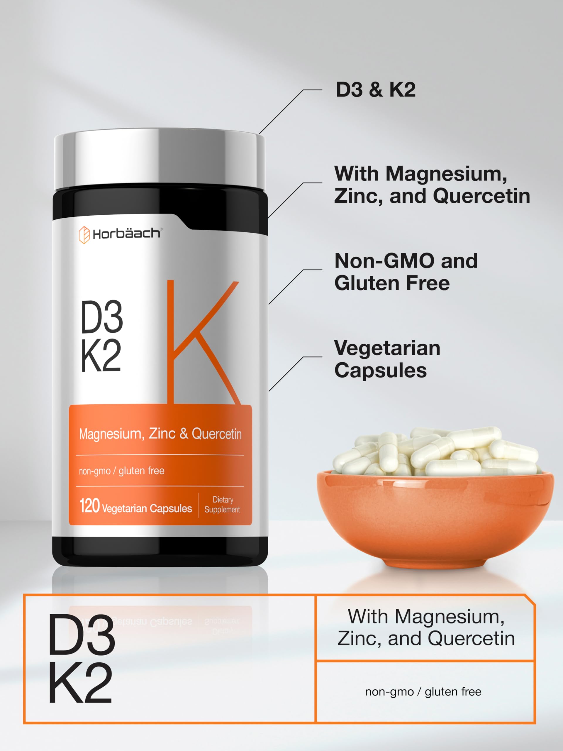 Horbäach Vitamin D3 K2 | 5000 IU D3 | 120 Capsules | with Magnesium, Zinc, & Quercetin | Vegetarian, Non-GMO, Gluten Free Supplement - Image 4