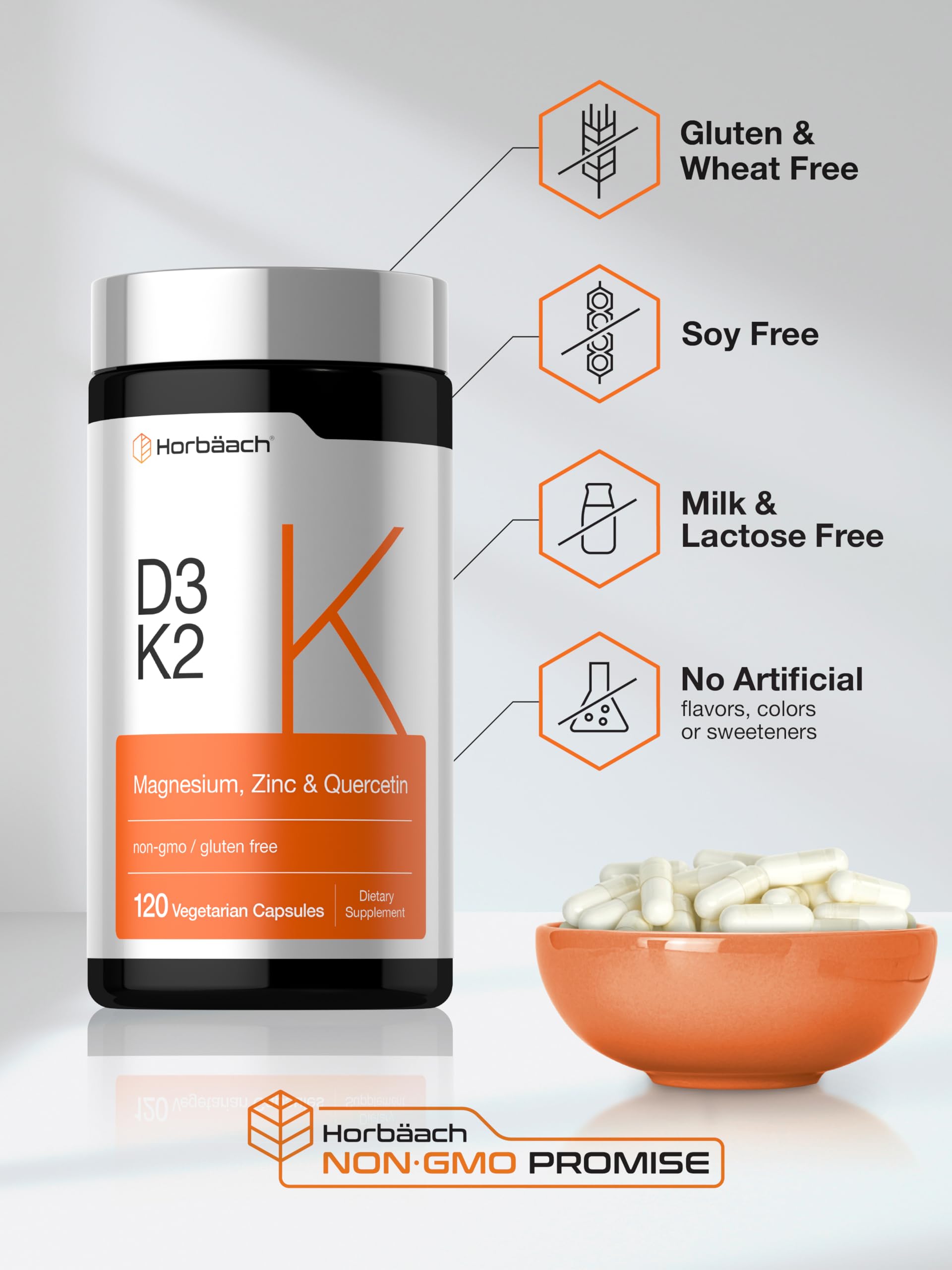 Horbäach Vitamin D3 K2 | 5000 IU D3 | 120 Capsules | with Magnesium, Zinc, & Quercetin | Vegetarian, Non-GMO, Gluten Free Supplement - Image 5