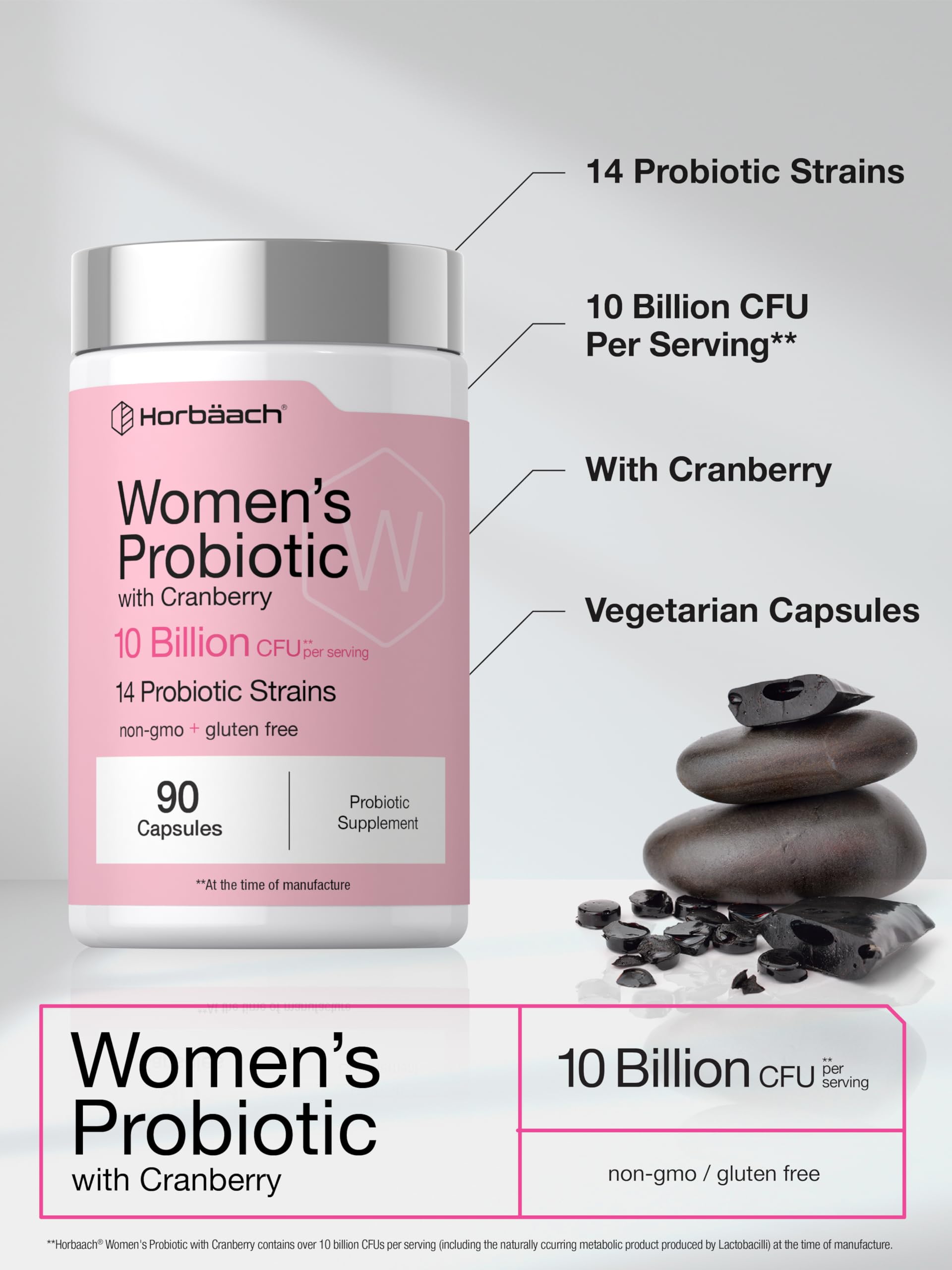 Horbäach Women's Probiotic with Cranberry Supplement | 10 Billion CFU | 14 Probiotic Strains | 90 Capsules | Non GMO, Gluten Free - Image 4