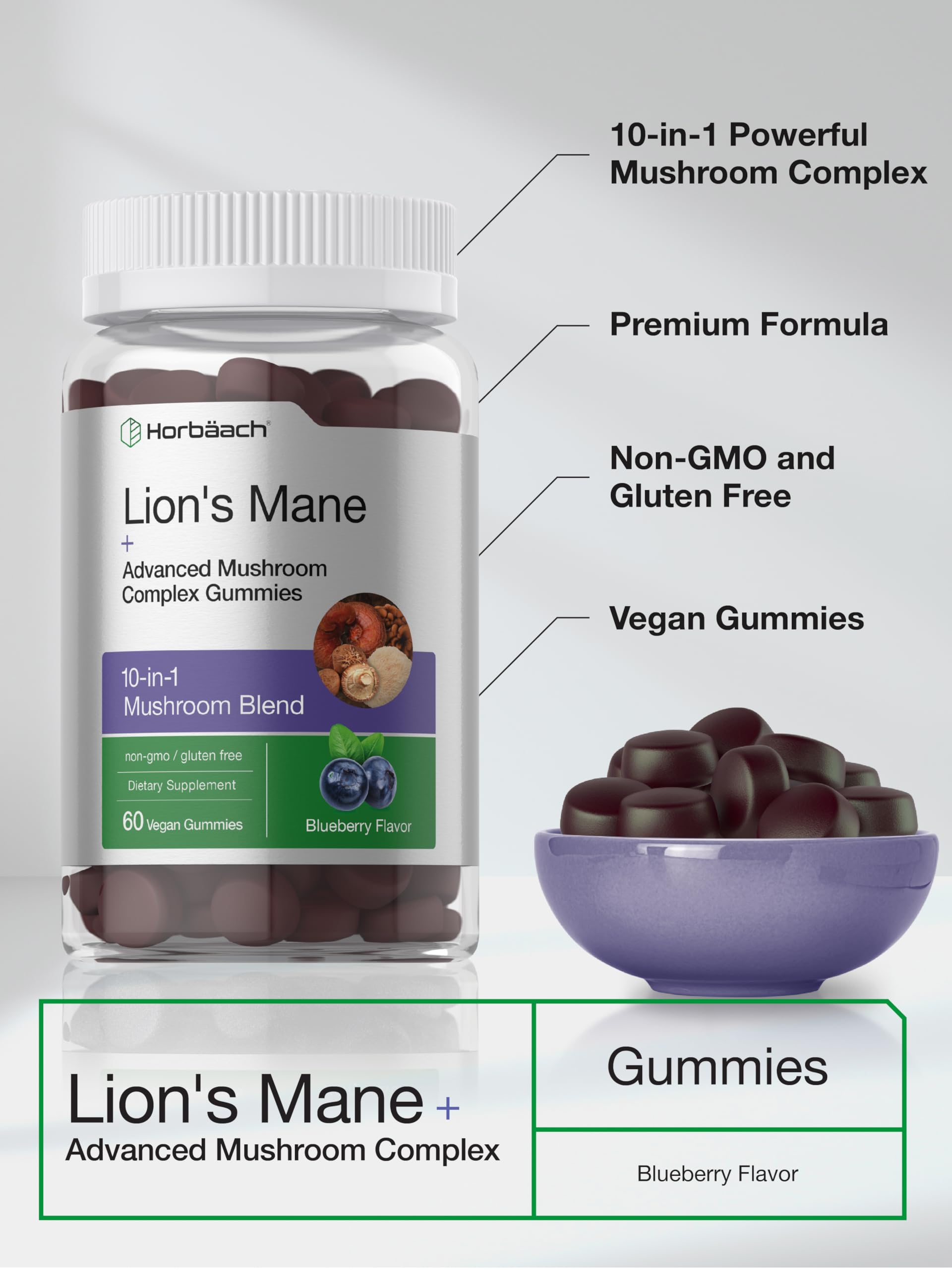 Horbaach Lions Mane Supplement | 60 Gummies | 10-in-1 Mushroom Complex | with Turkey Tail, Reishi, Cordyceps, Chaga, Maitake, and Shiitake | Blueberry Flavor | Non-GMO & Gluten Free - Image 4
