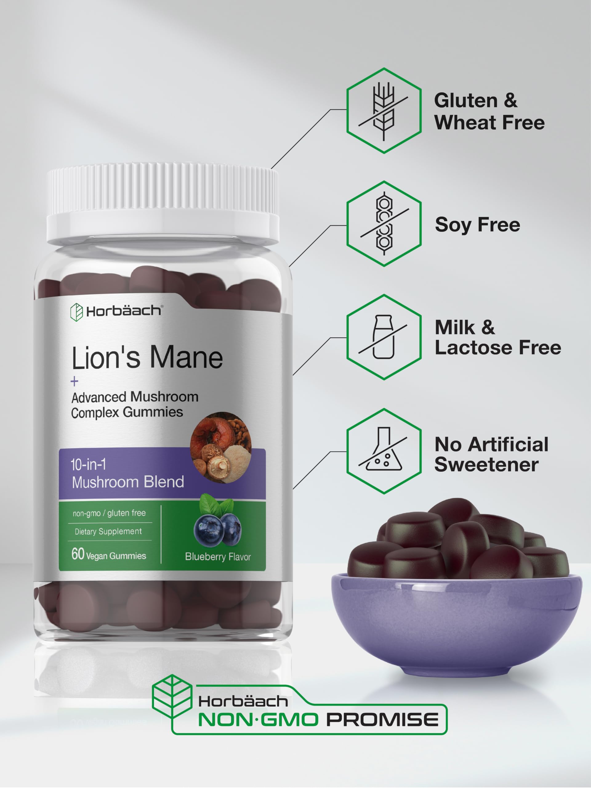 Horbaach Lions Mane Supplement | 60 Gummies | 10-in-1 Mushroom Complex | with Turkey Tail, Reishi, Cordyceps, Chaga, Maitake, and Shiitake | Blueberry Flavor | Non-GMO & Gluten Free - Image 5