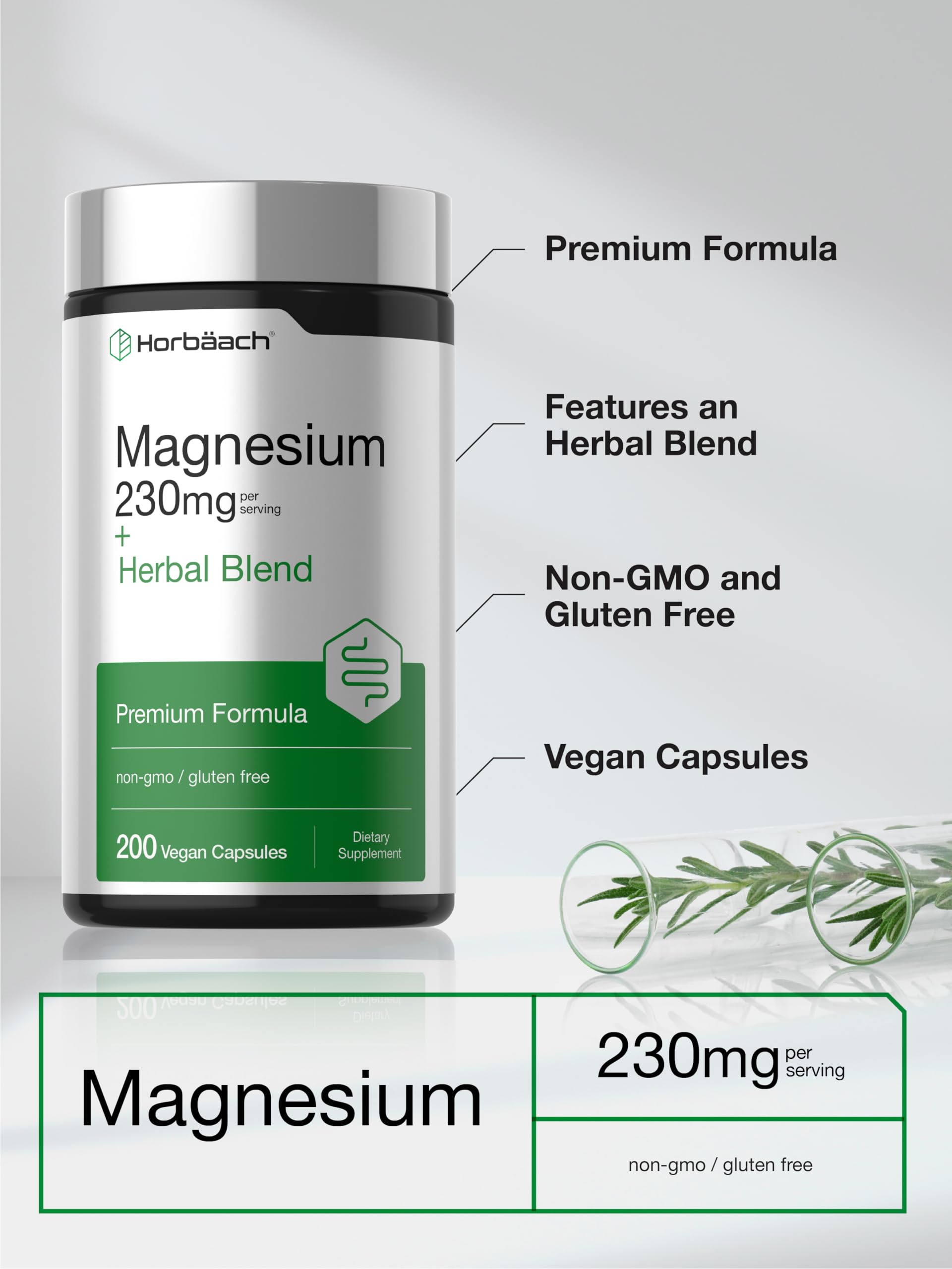 Horbaach Magnesium 230mg | Plus Herbal Blend | 200 Vegan Capsules | Gentle Cleanse | Non-GMO and Gluten Free Supplement - Image 4
