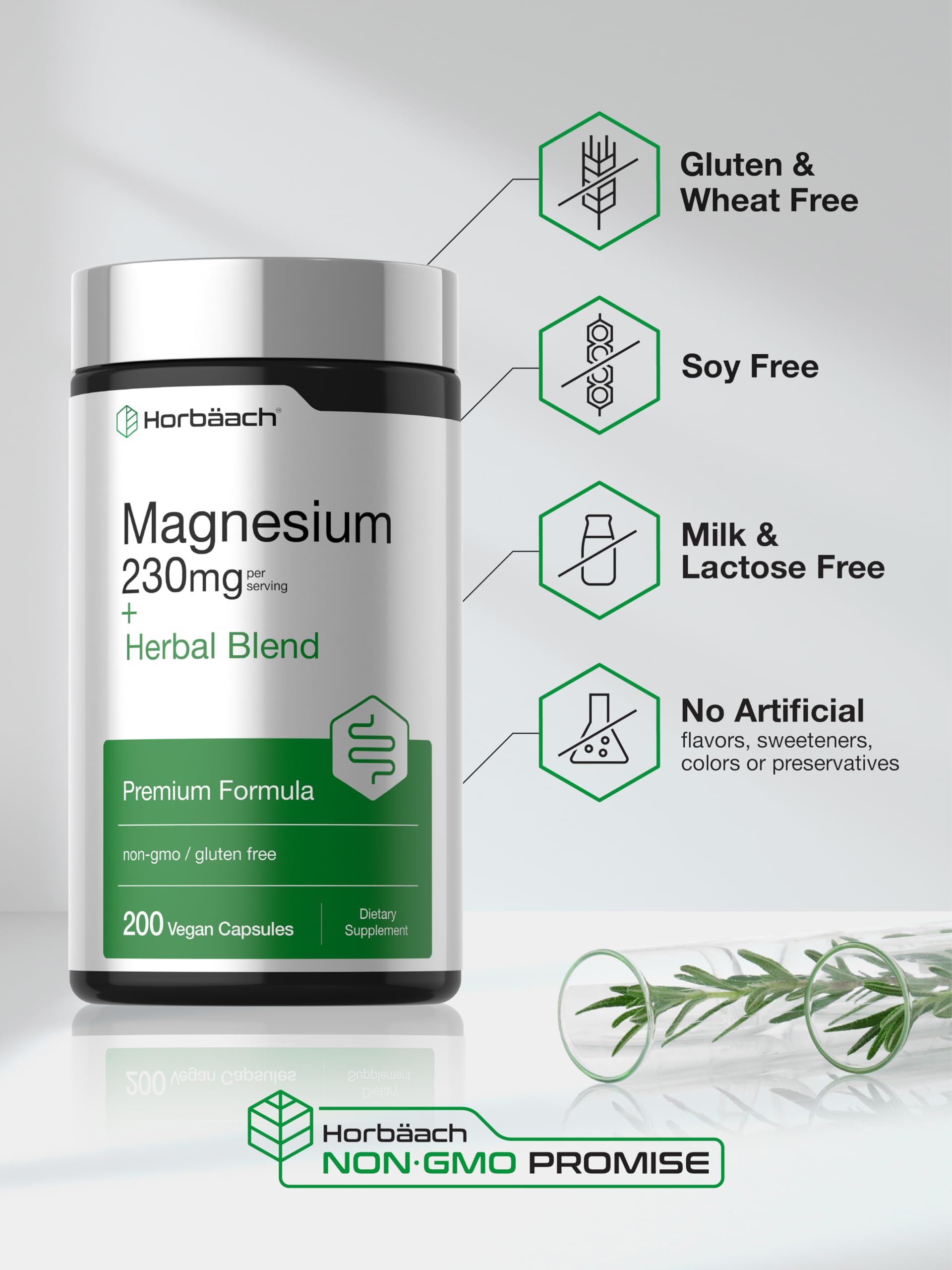 Horbaach Magnesium 230mg | Plus Herbal Blend | 200 Vegan Capsules | Gentle Cleanse | Non-GMO and Gluten Free Supplement - Image 5