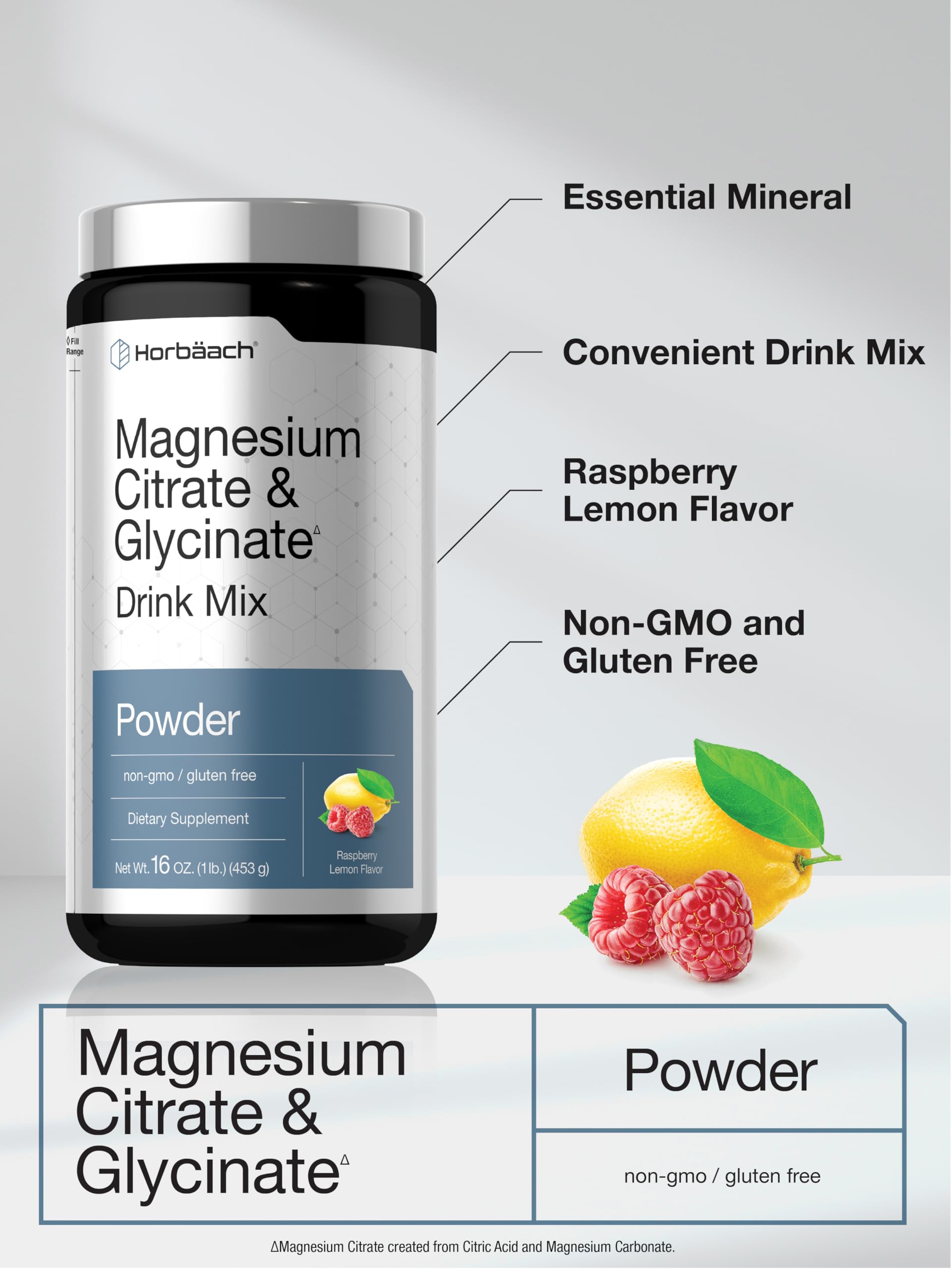 Horbaach Magnesium Citrate & Glycinate | 325 mg | 16 oz | Raspberry Lemon Flavored Drink Mix | Vegan, Non-GMO and Gluten Free - Image 4