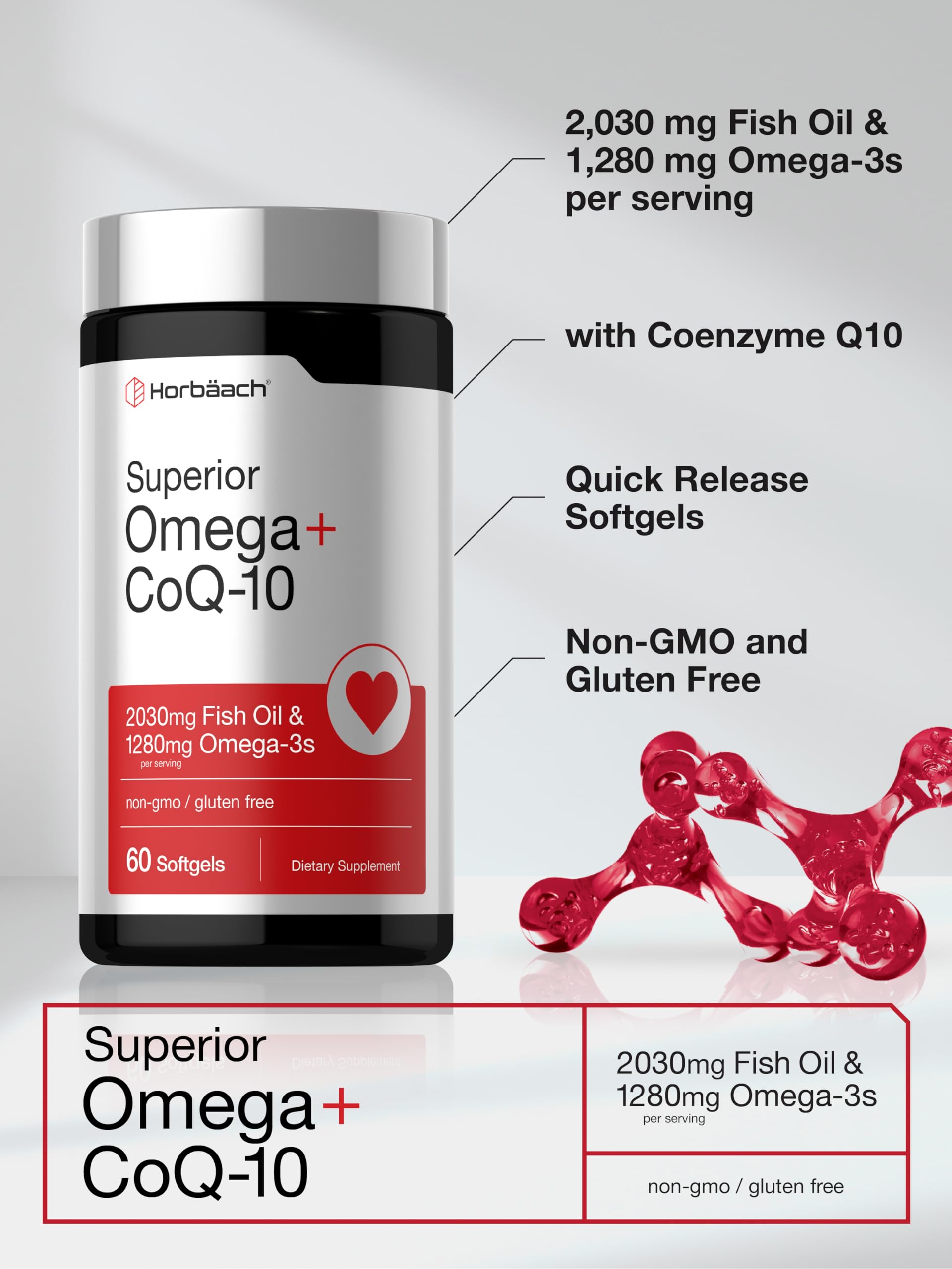Horbaach Omega with CoQ-10 | 60 Softgels | 2030mg Fish Oil | 1280mg Omega-3s | Non-GMO, Gluten Free - Image 4