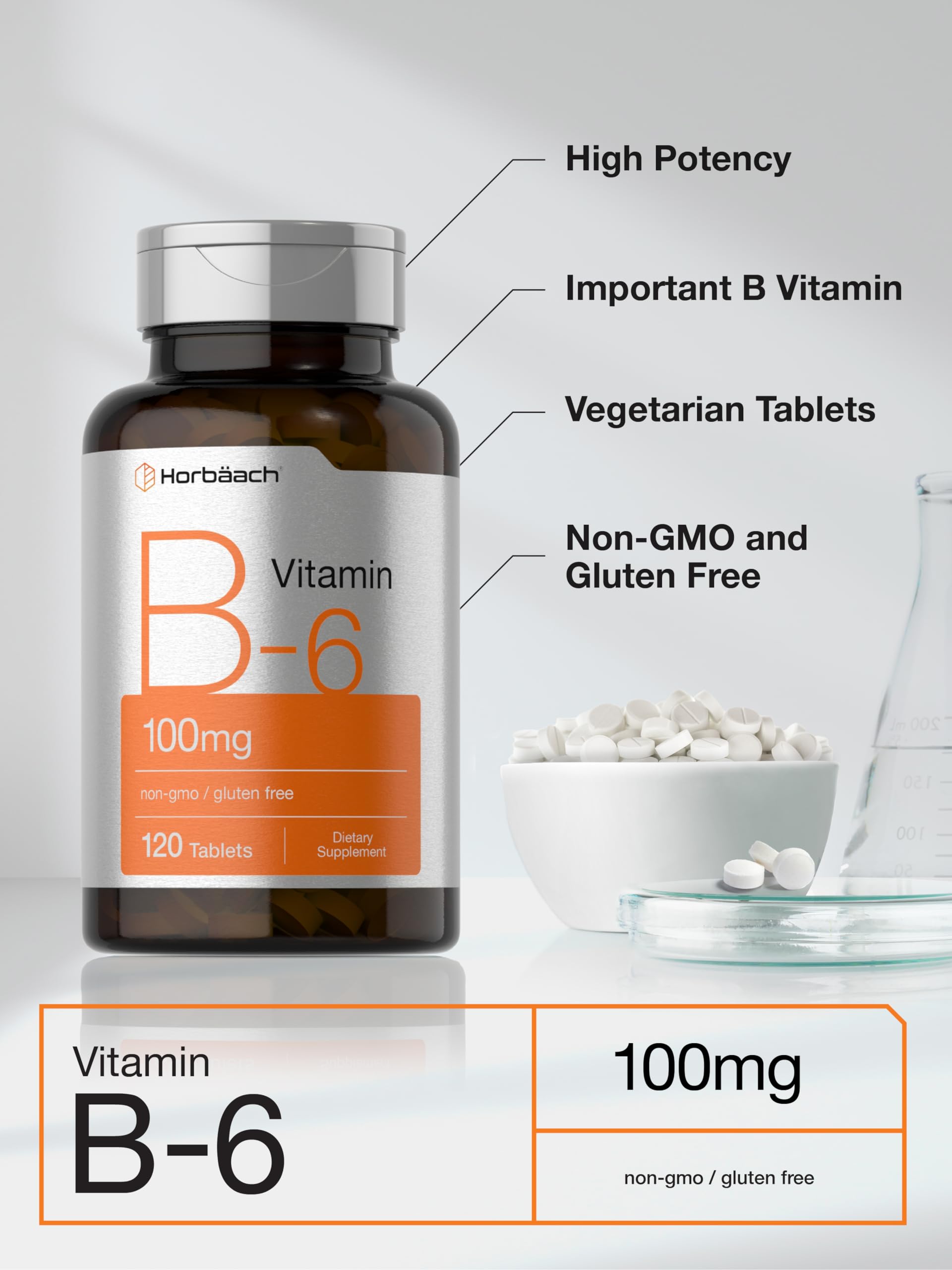 Horbaach Vitamin B6 100mg | 120 Tablets | Pyridoxine HCl | Vegetarian, Non-GMO & Gluten Free Supplement - Image 4